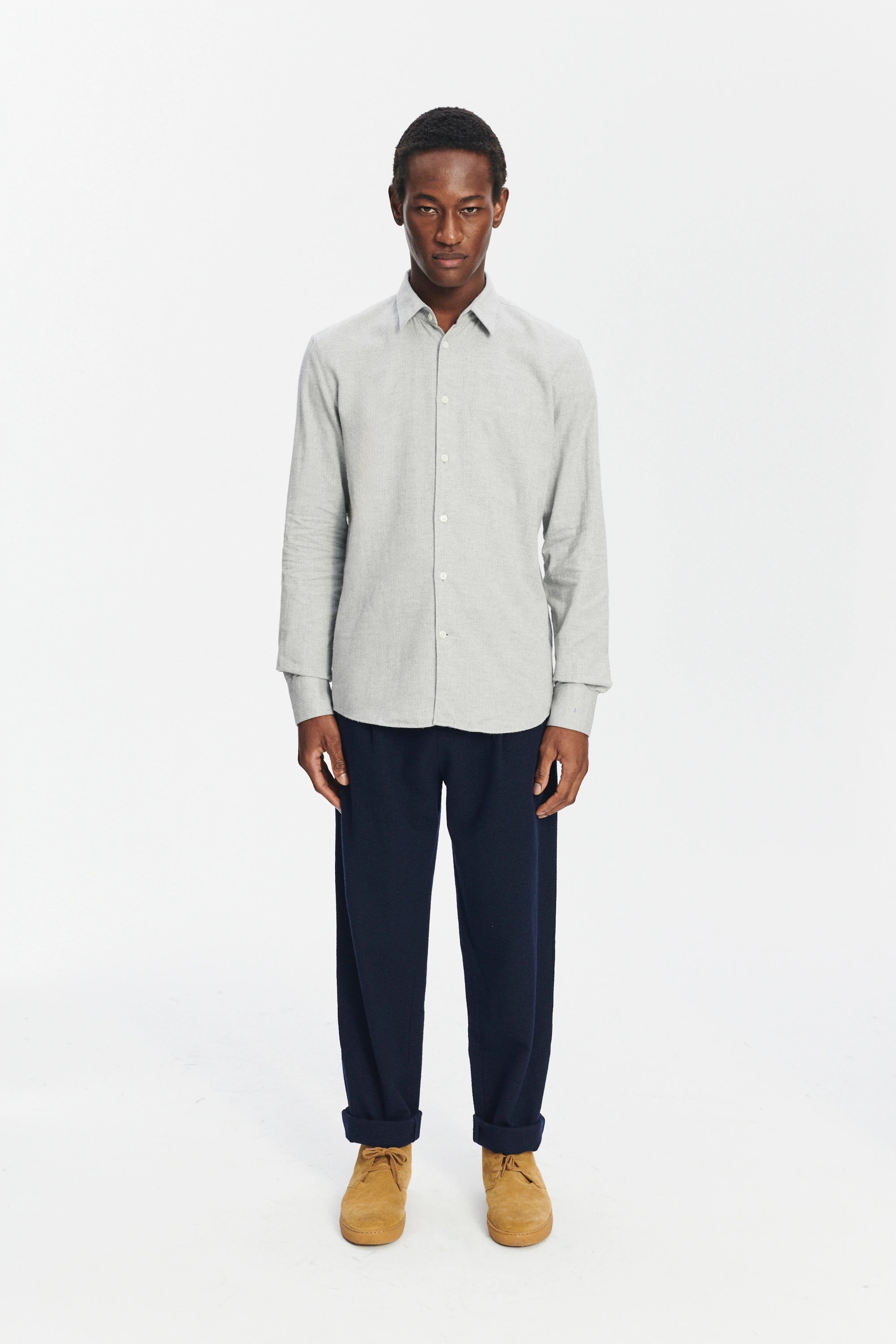 Feel Good Shirt in a Light Sky Grey Portuguese Cotton and Cashmere Flannel