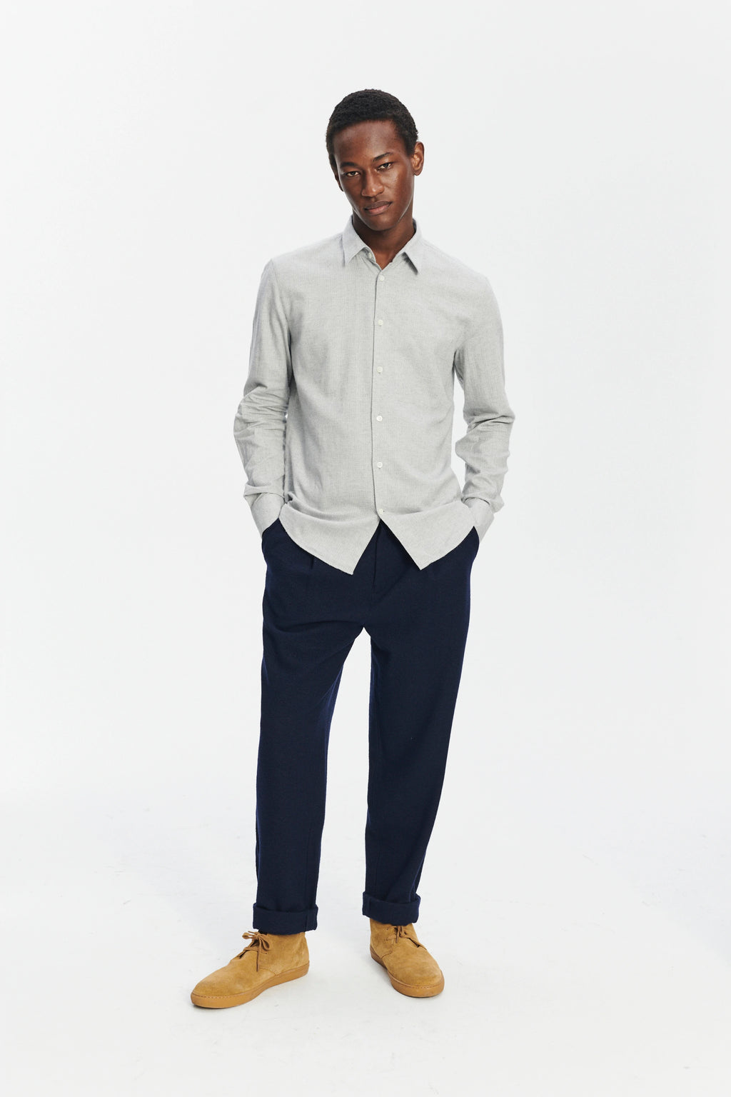 Feel Good Shirt in a Light Sky Grey Portuguese Cotton and Cashmere Flannel