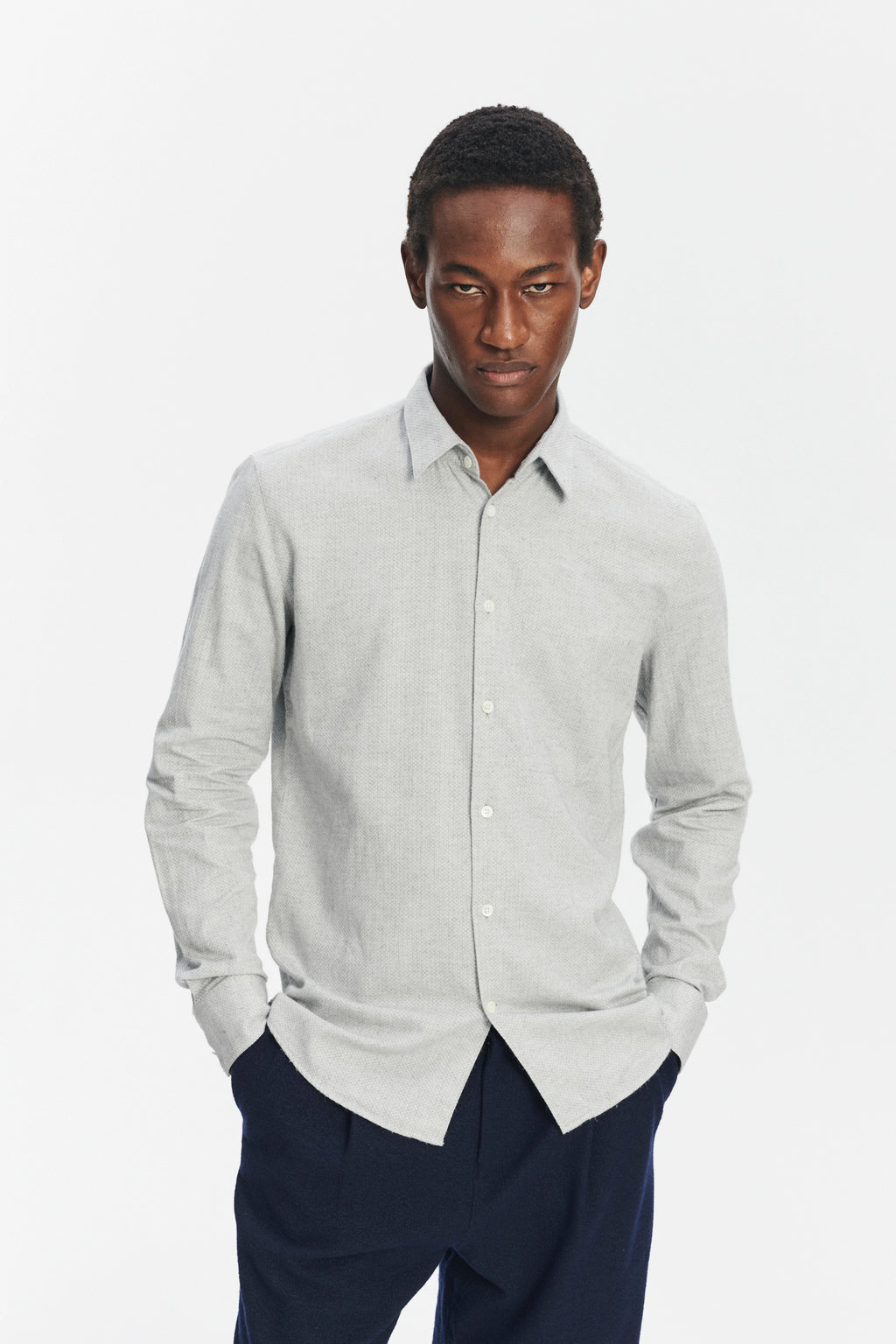 Feel Good Shirt in a Light Sky Grey Portuguese Cotton and Cashmere Flannel