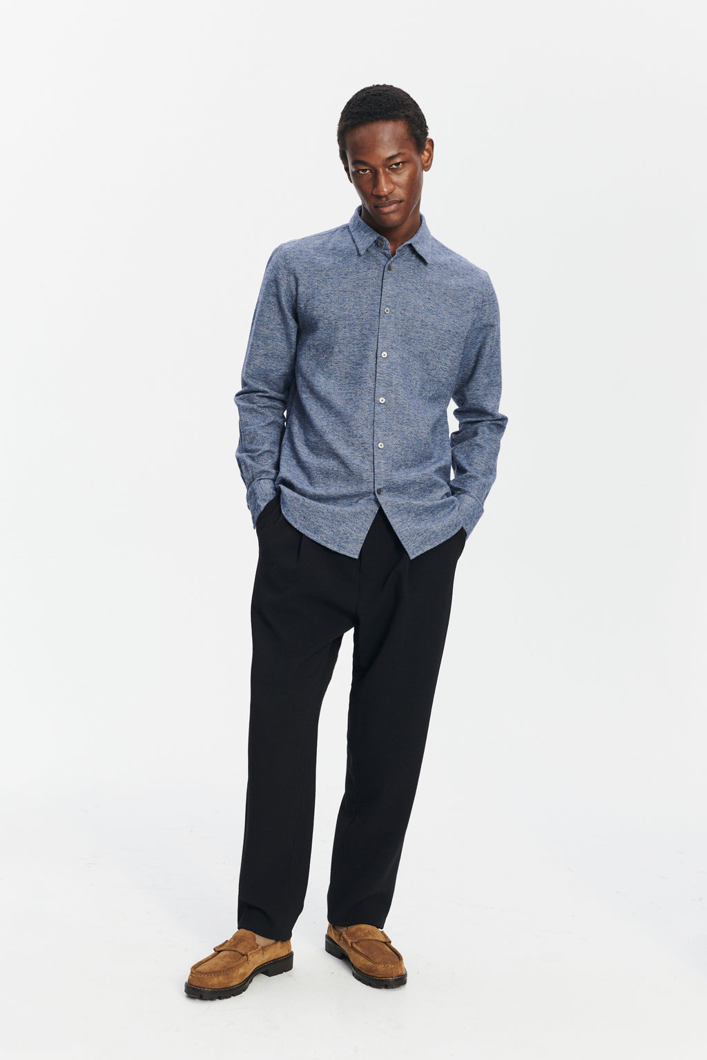Feel Good Shirt in the Finest Blue Melange Italian Cotton Flannel by Albini
