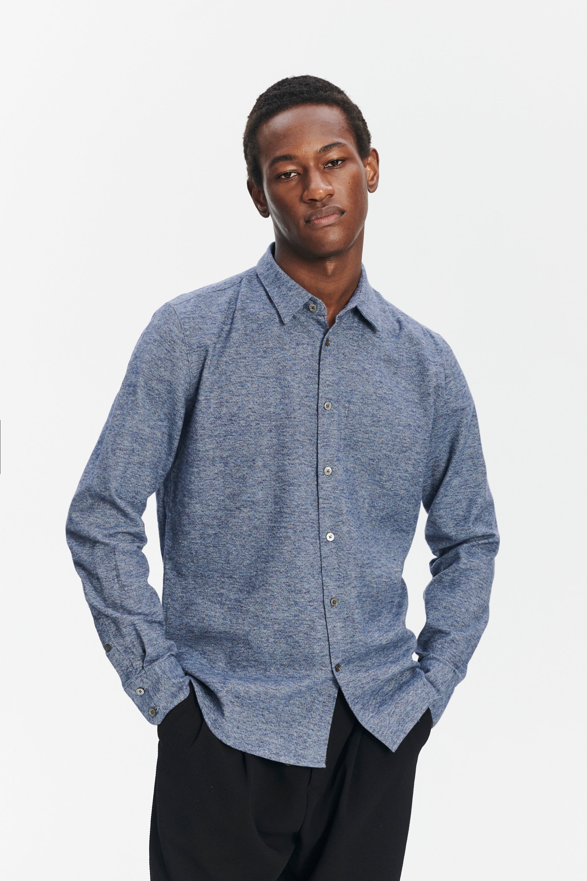 Feel Good Shirt in the Finest Blue Melange Italian Cotton Flannel by Albini