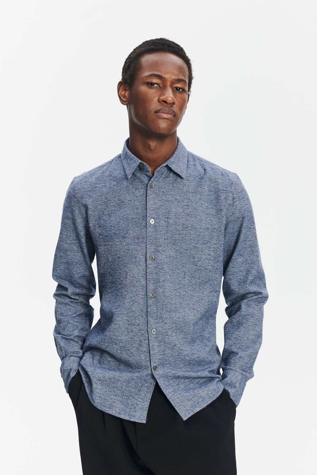 Feel Good Shirt in the Finest Blue Melange Italian Cotton Flannel by Albini