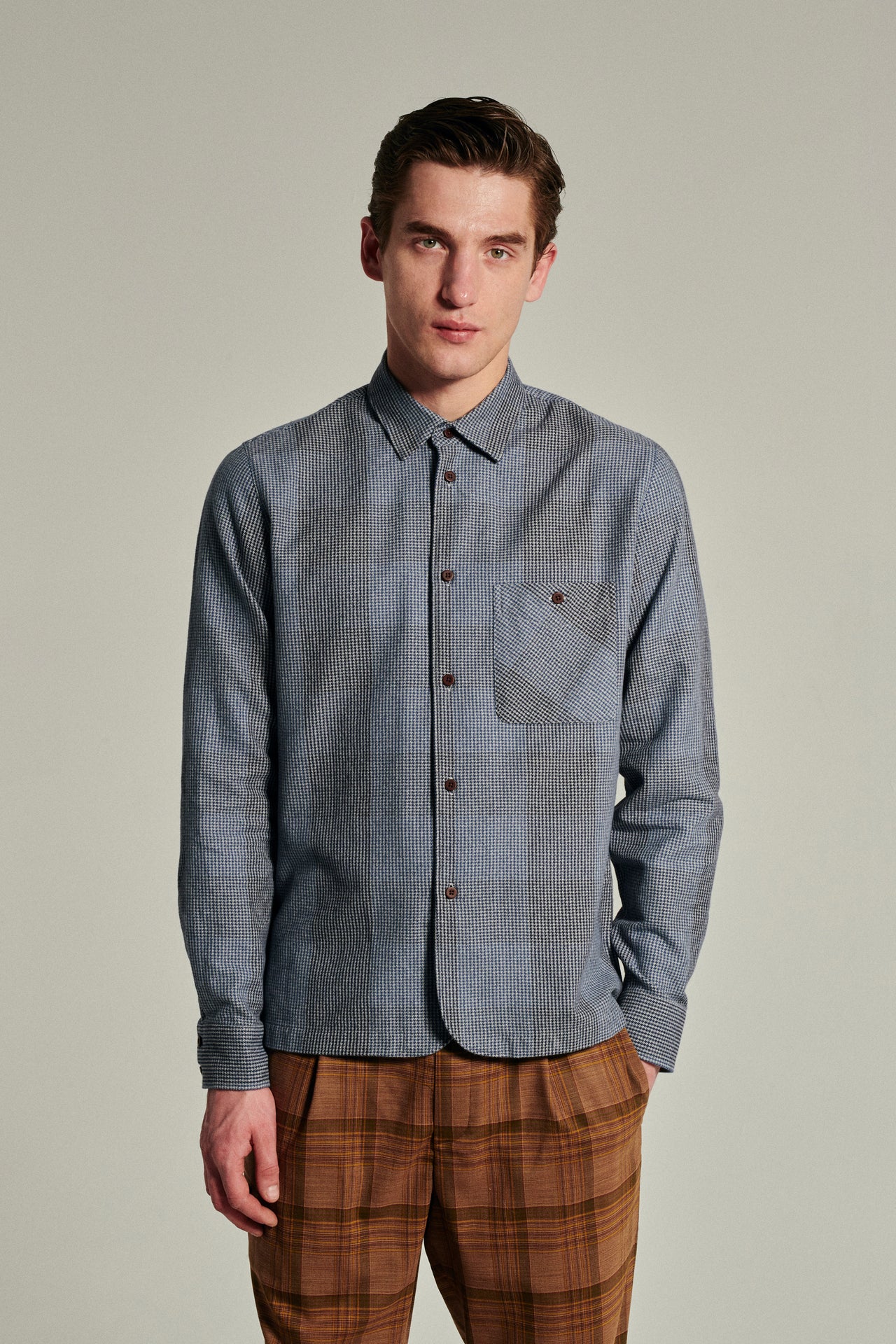 Strong Shirt in a Blue, Grey and Black Chequered Portuguese Cotton Flannel