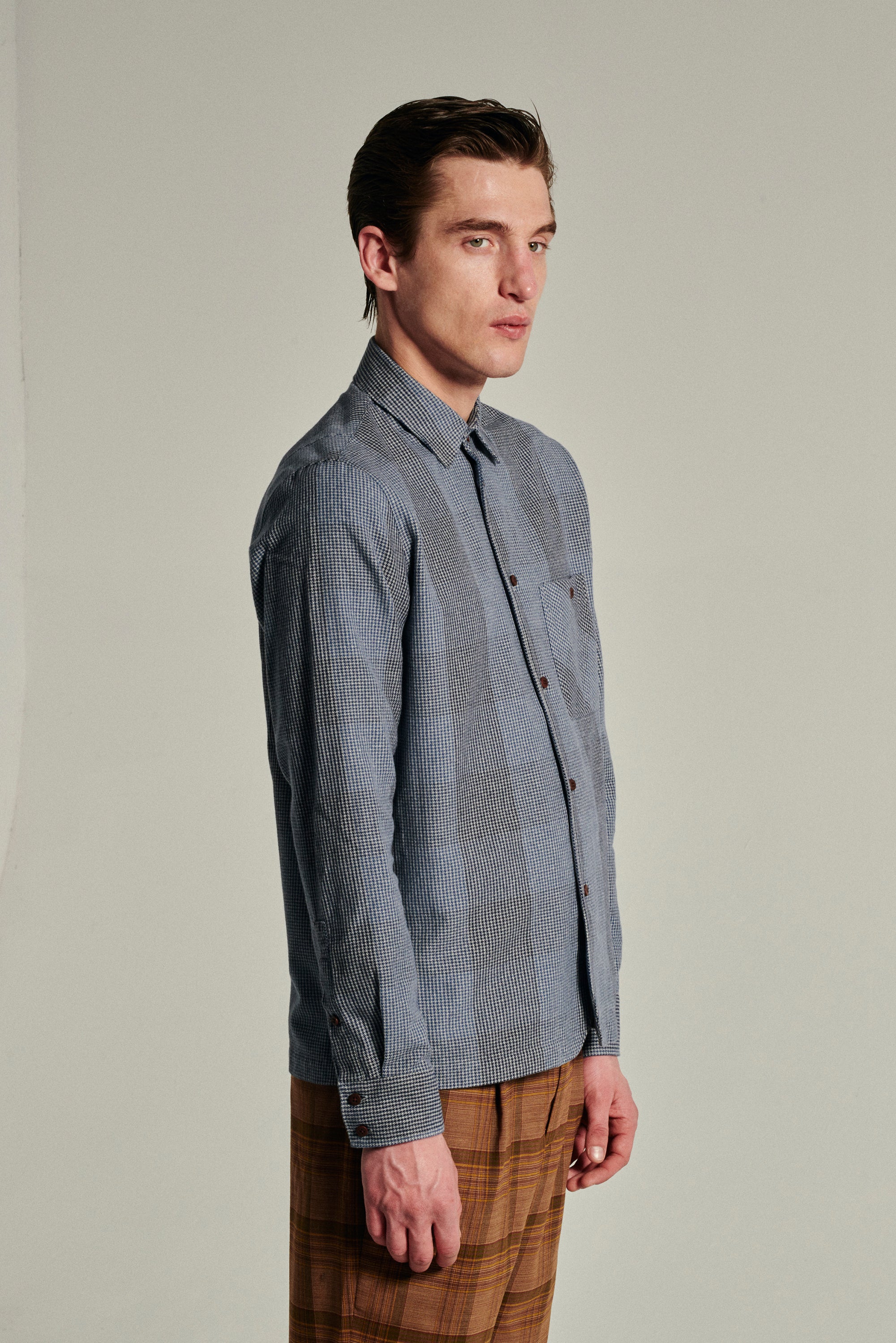 Strong Shirt in a Blue, Grey and Black Chequered Portuguese Cotton Flannel