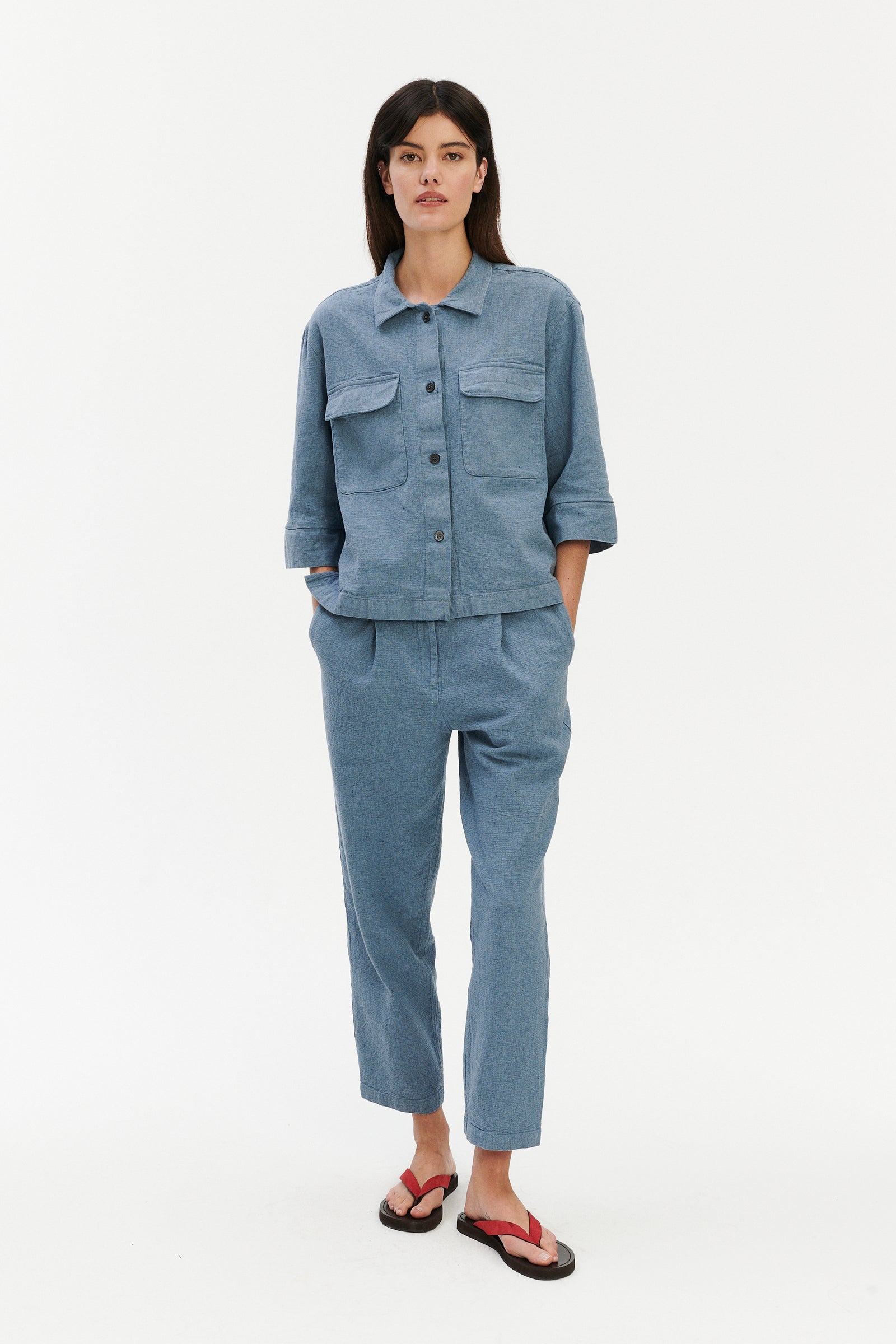Jogger Trousers in a Pale Sky Blue Italian Recycled Cotton Denim