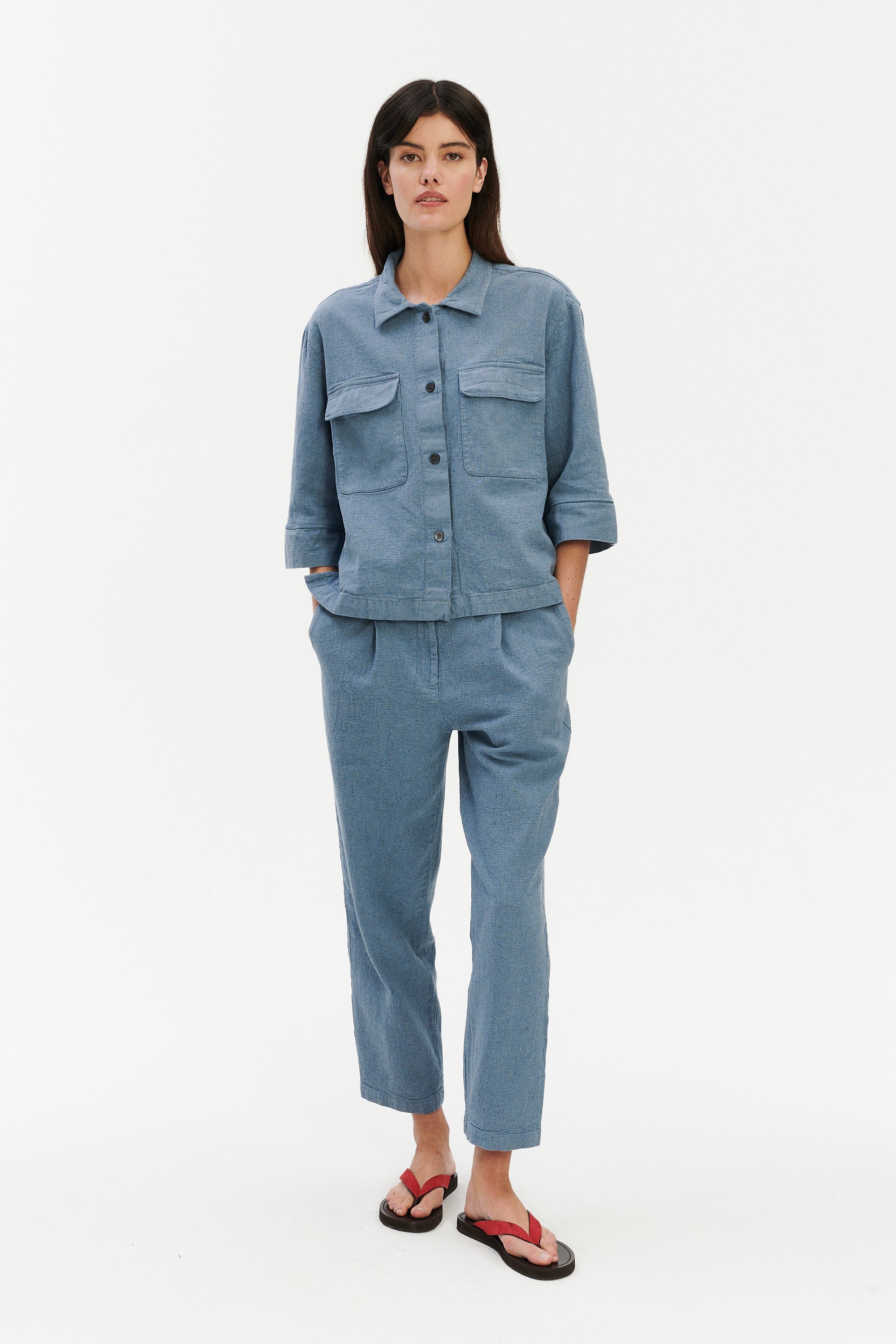 Jogger Trousers in a Pale Sky Blue Italian Recycled Cotton Denim