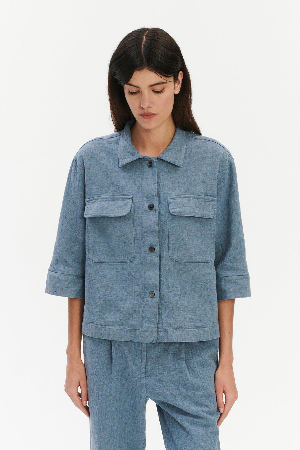 Blouse in a Pale Sky Blue Italian Recycled Cotton Denim