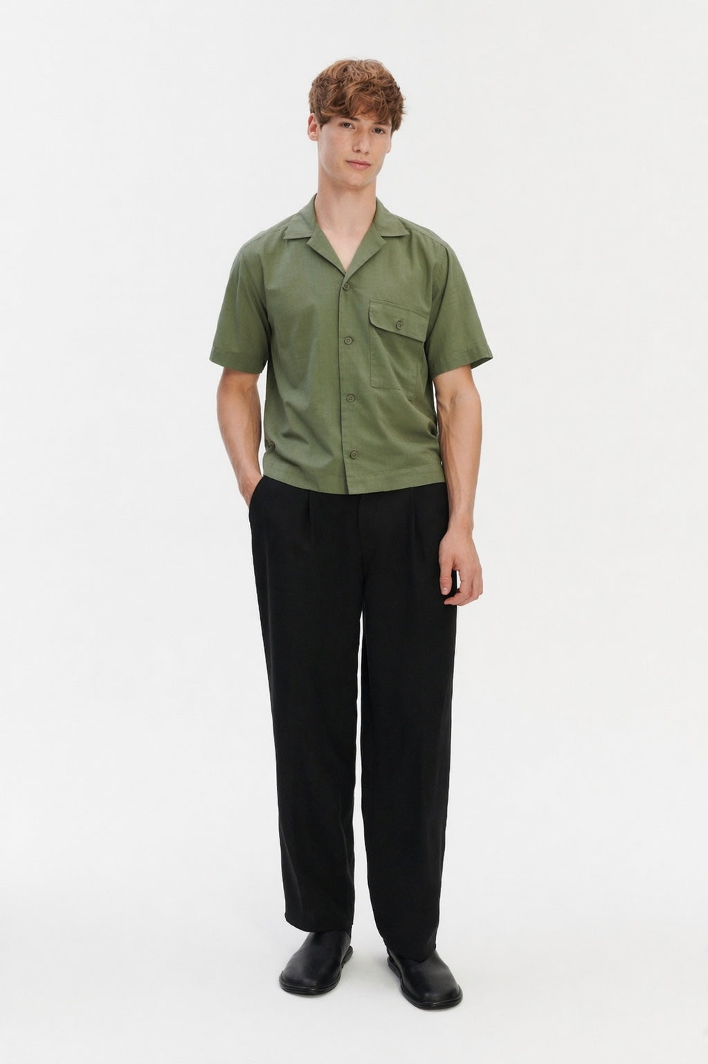 New Camp Collar Shirt  in a Spring Forest Green Italian Dobby Cotton