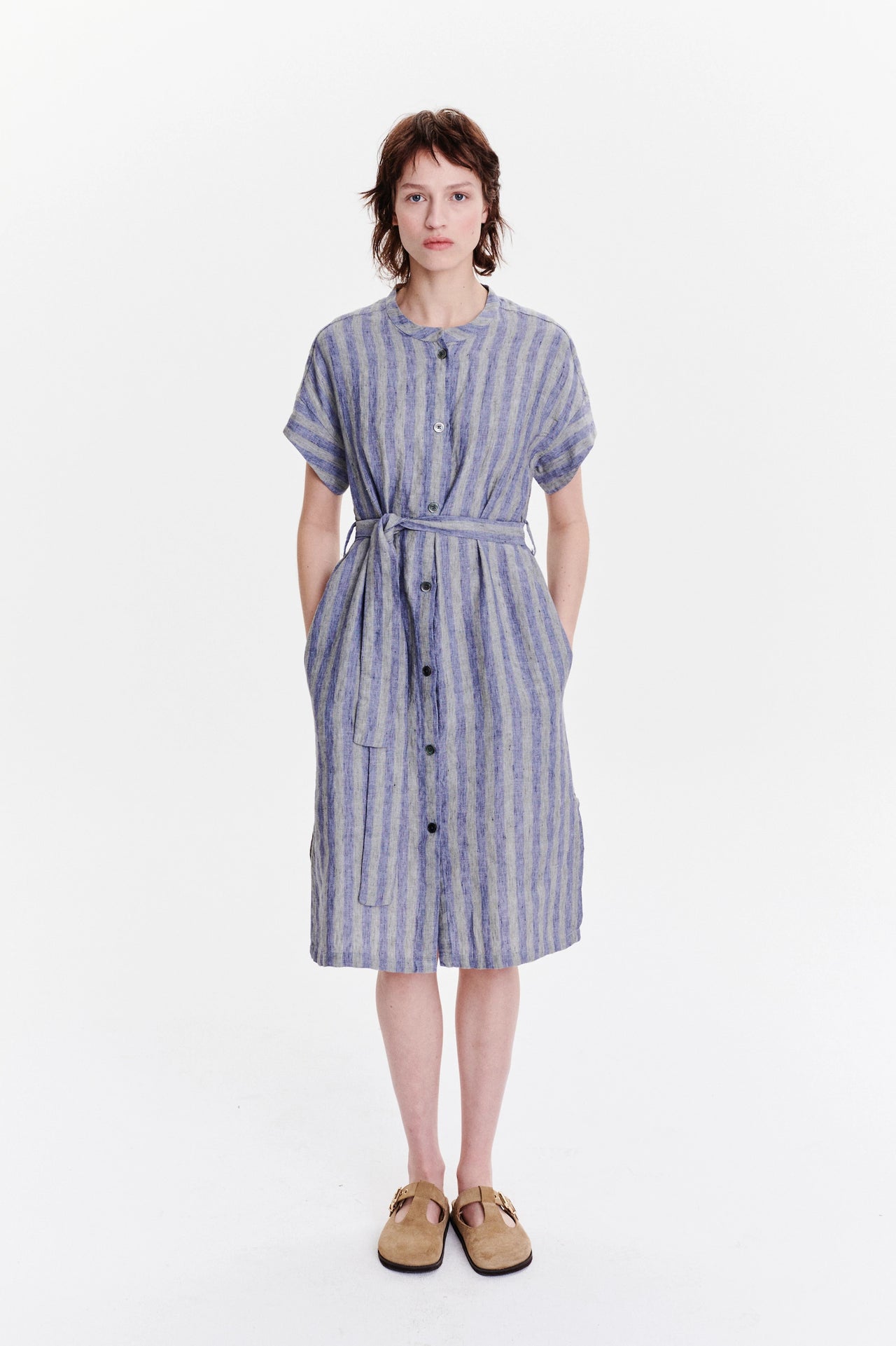 Dress in a Purple Blue and White Striped Italian Linen by Monti