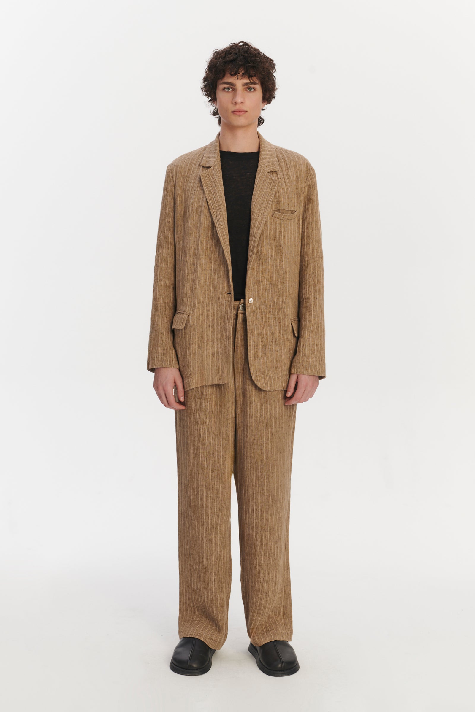 Oversized Layover Jacket in a Camel Fluid Italian Linen and Viscose
