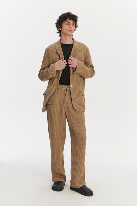 Oversized Unconstructed  Layover Jacket in a Camel Fluid Italian Linen and Viscose