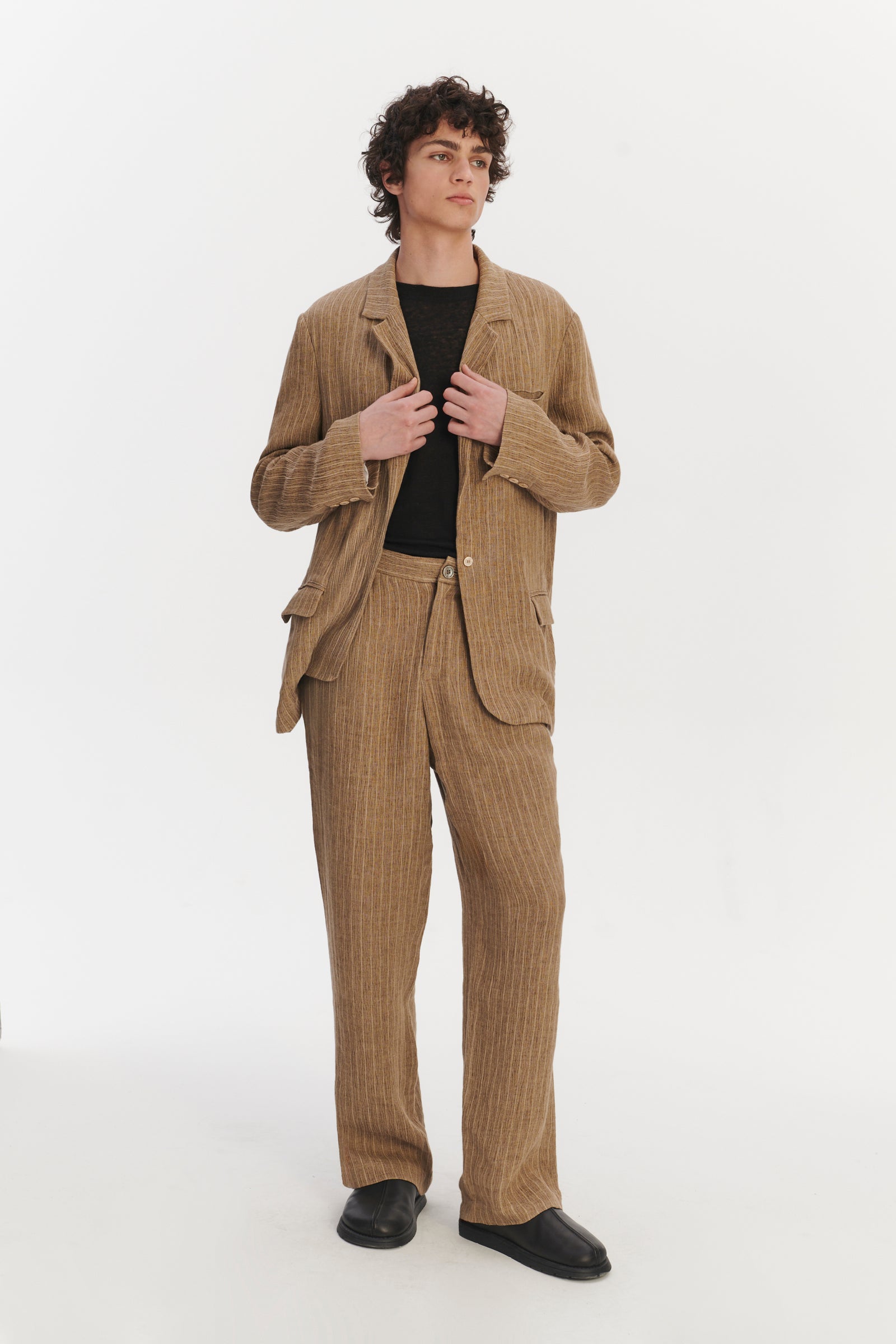 Relaxed Wide Leg Trousers in a Camel Fluid Italian Linen and Viscose