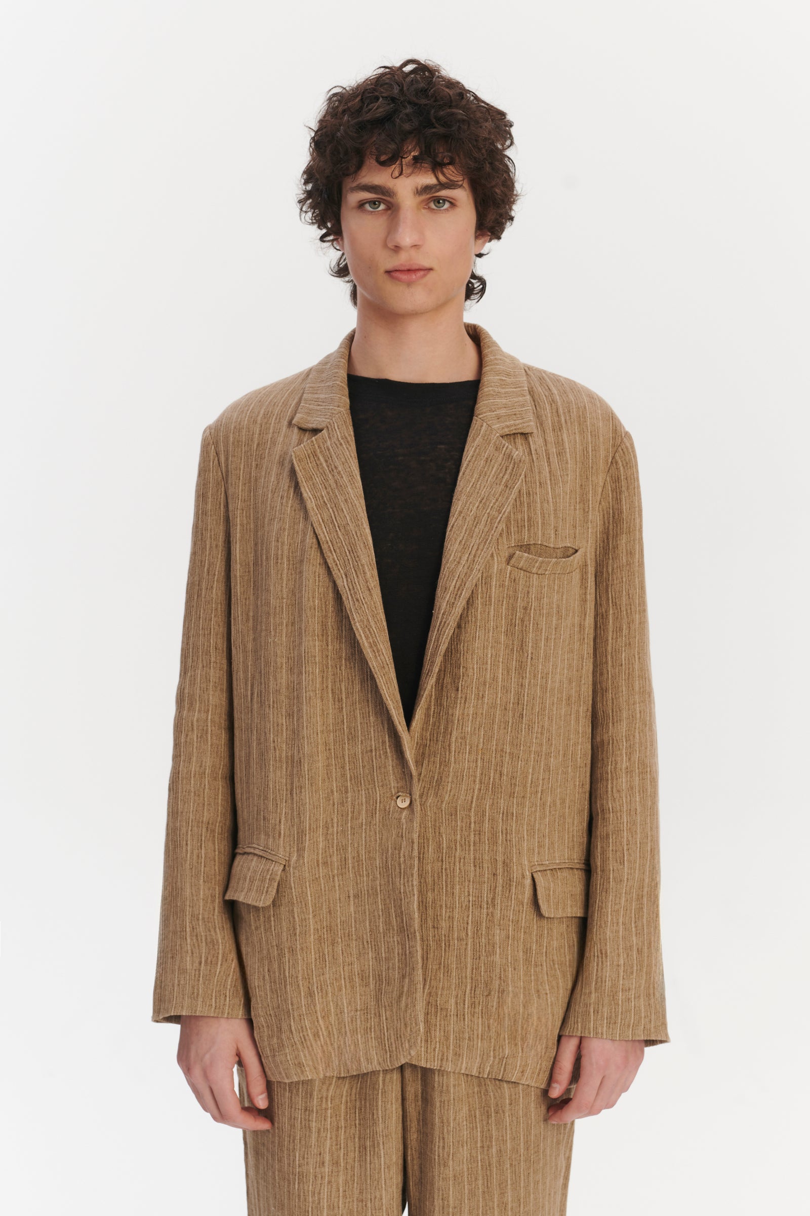 Oversized Layover Jacket in a Camel Fluid Italian Linen and Viscose