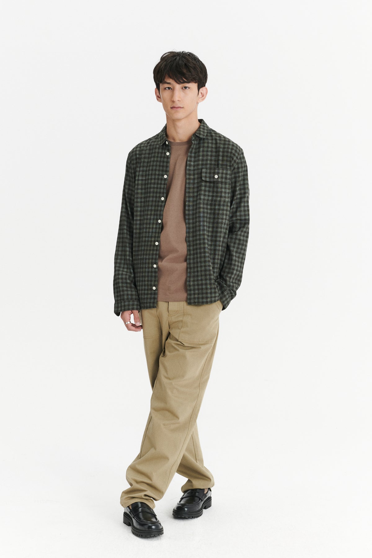 Round Collar Cute Shirt in a Subtle Green Tonal Chequered Fine Italian Cotton