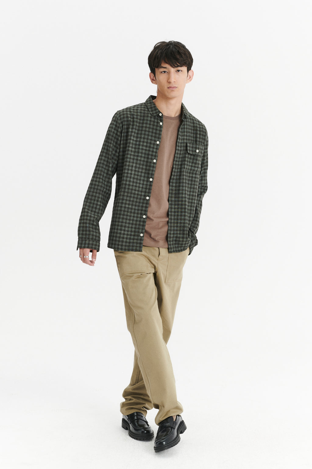 Round Collar Cute Shirt in a Subtle Green Tonal Chequered Fine Italian Cotton