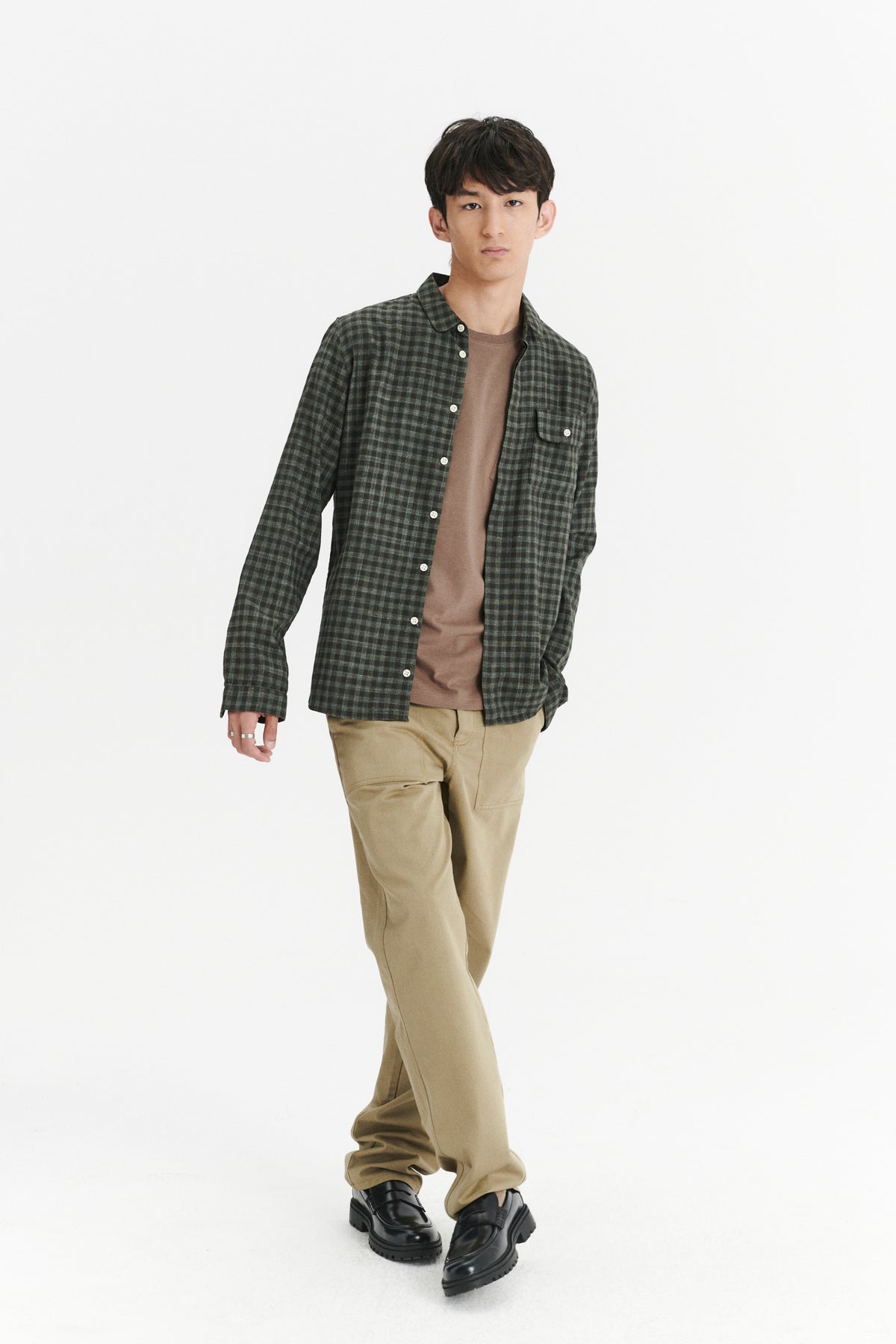 Round Collar Cute Shirt in a Subtle Green Tonal Chequered Fine Italian Cotton