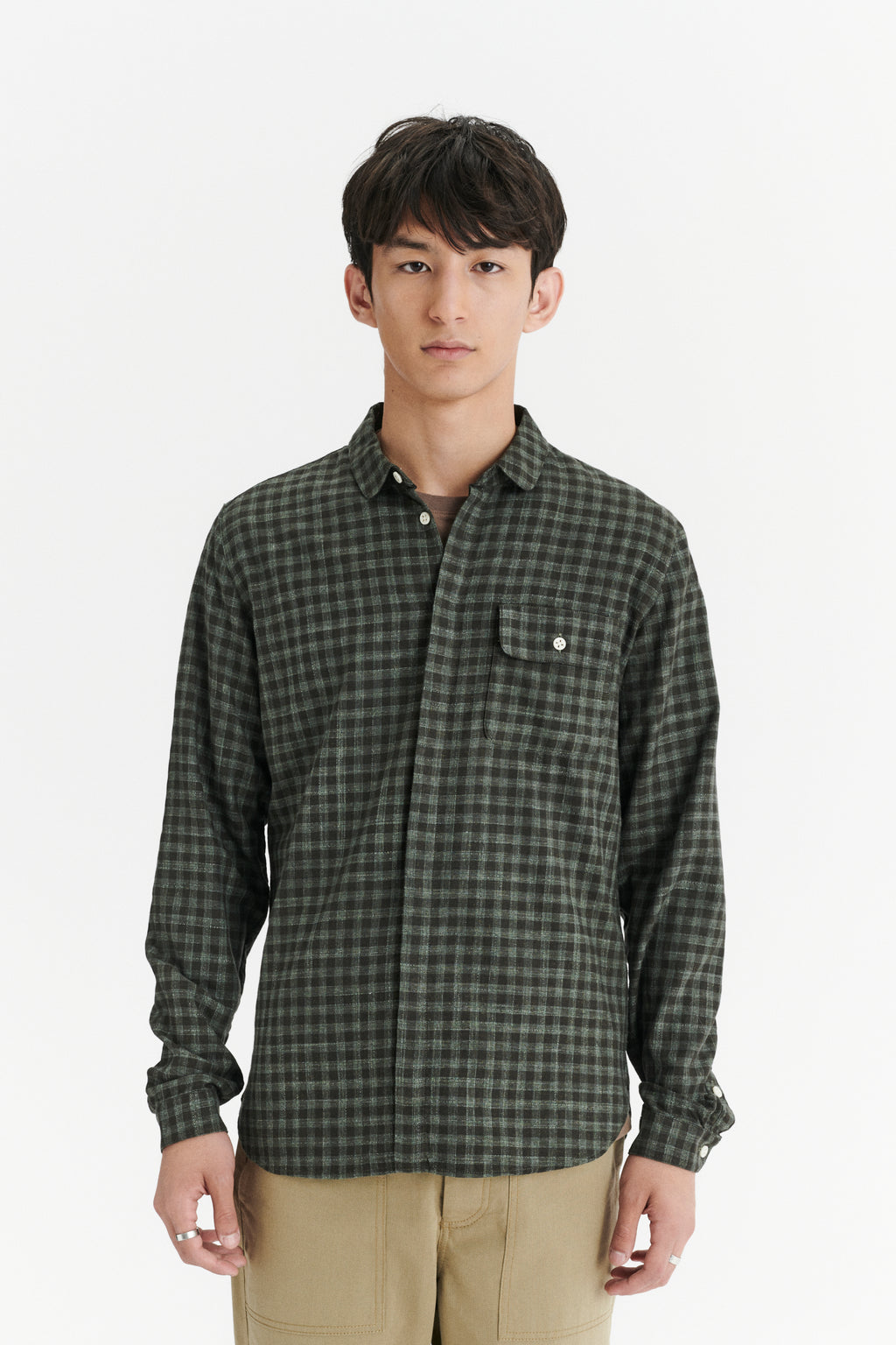 Round Collar Cute Shirt in a Subtle Green Tonal Chequered Fine Italian Cotton