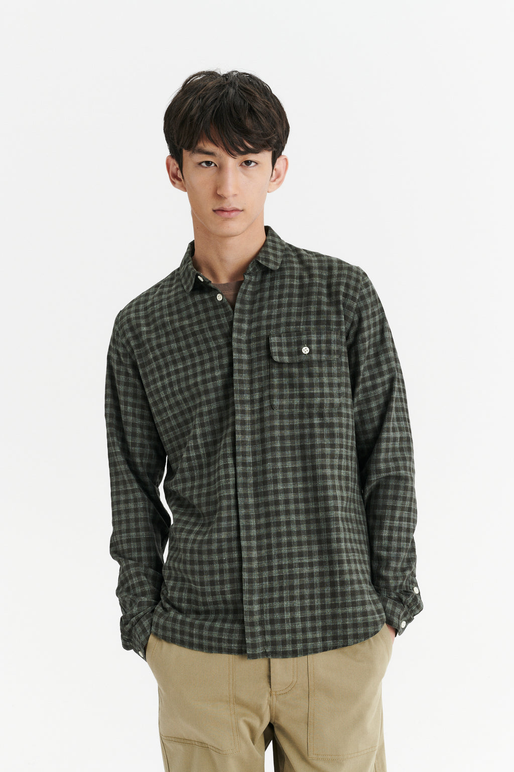 Round Collar Cute Shirt in a Subtle Green Tonal Chequered Fine Italian Cotton