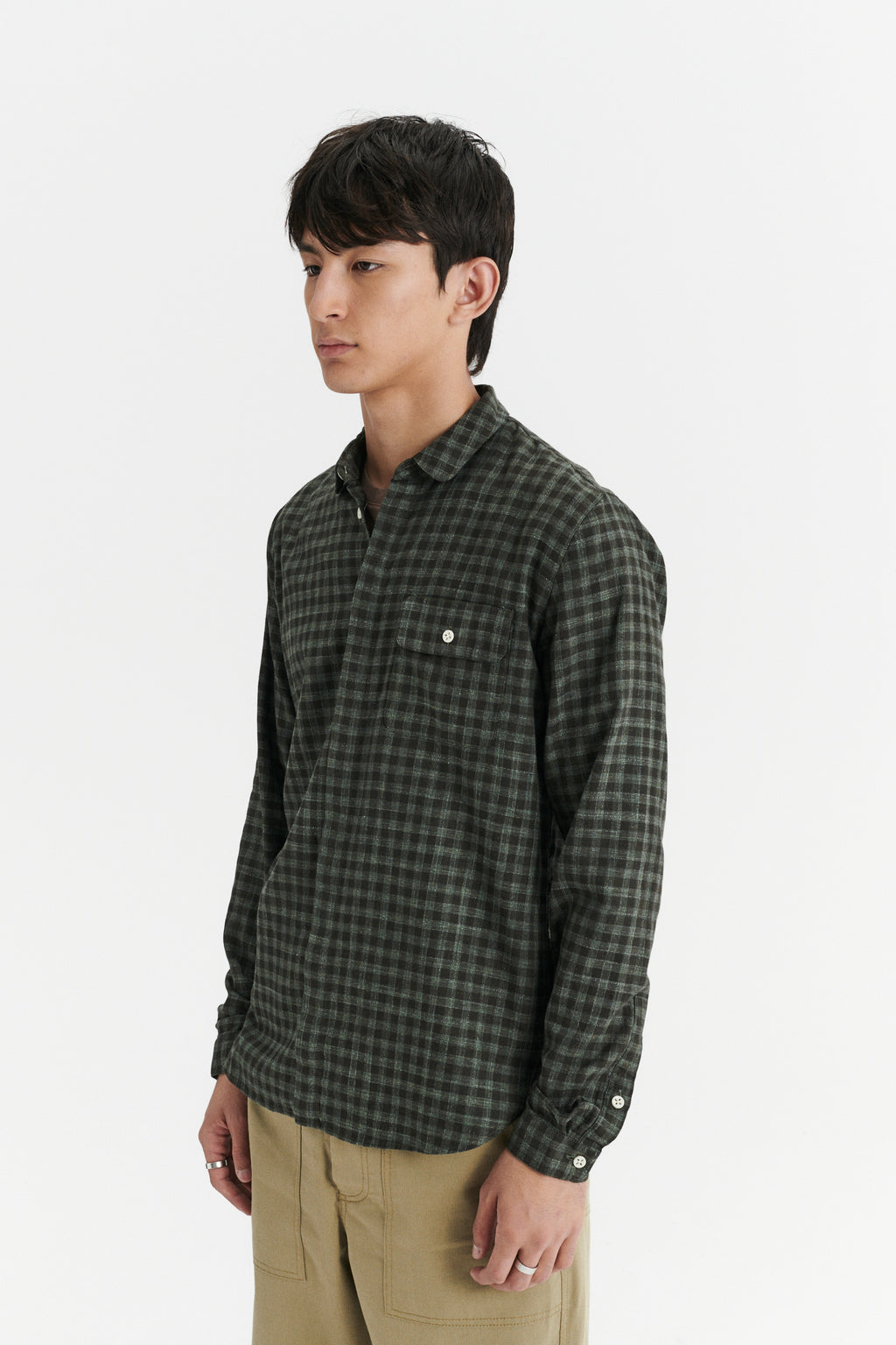 Round Collar Cute Shirt in a Subtle Green Tonal Chequered Fine Italian Cotton