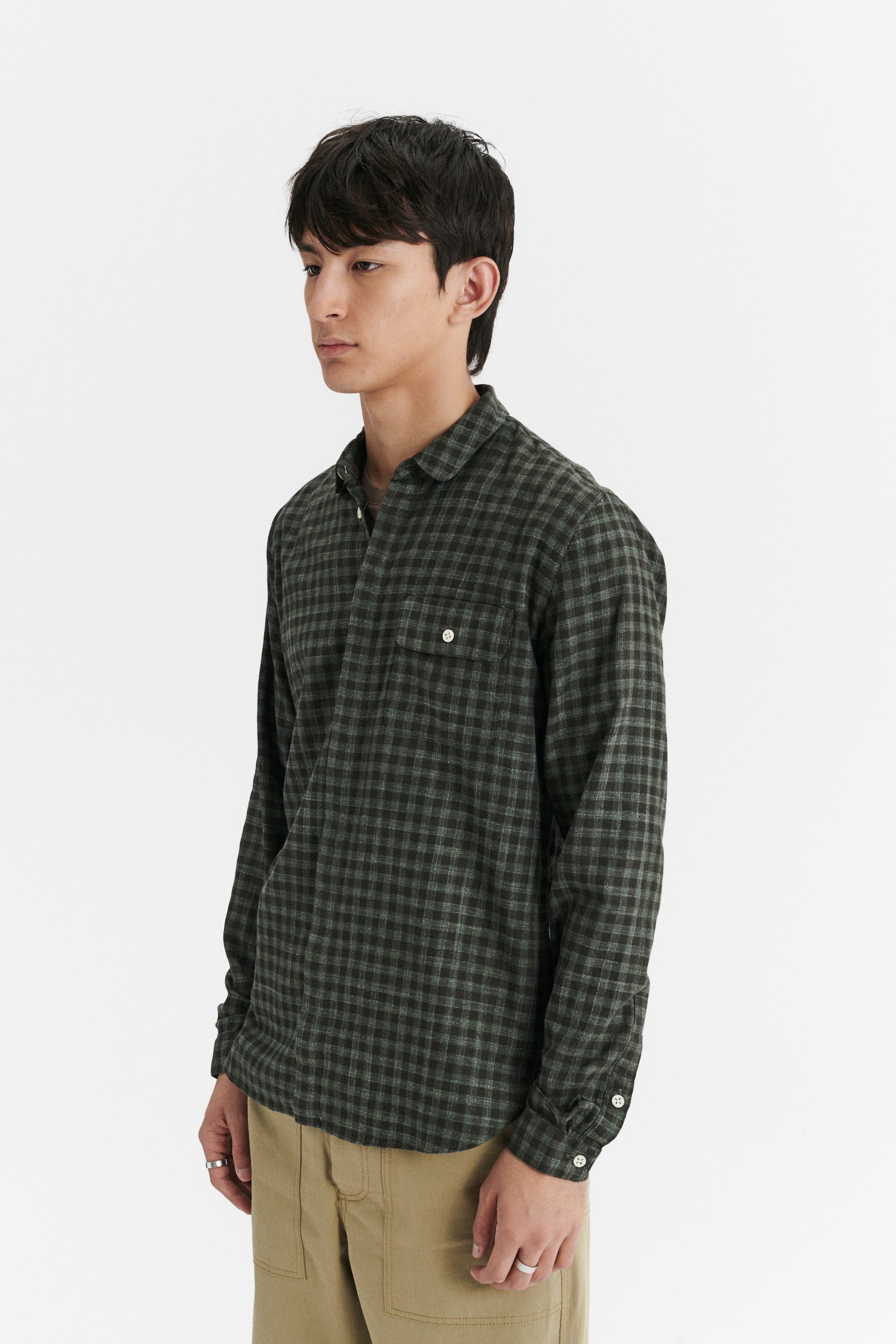 Round Collar Cute Shirt in a Subtle Green Tonal Chequered Fine Italian Cotton