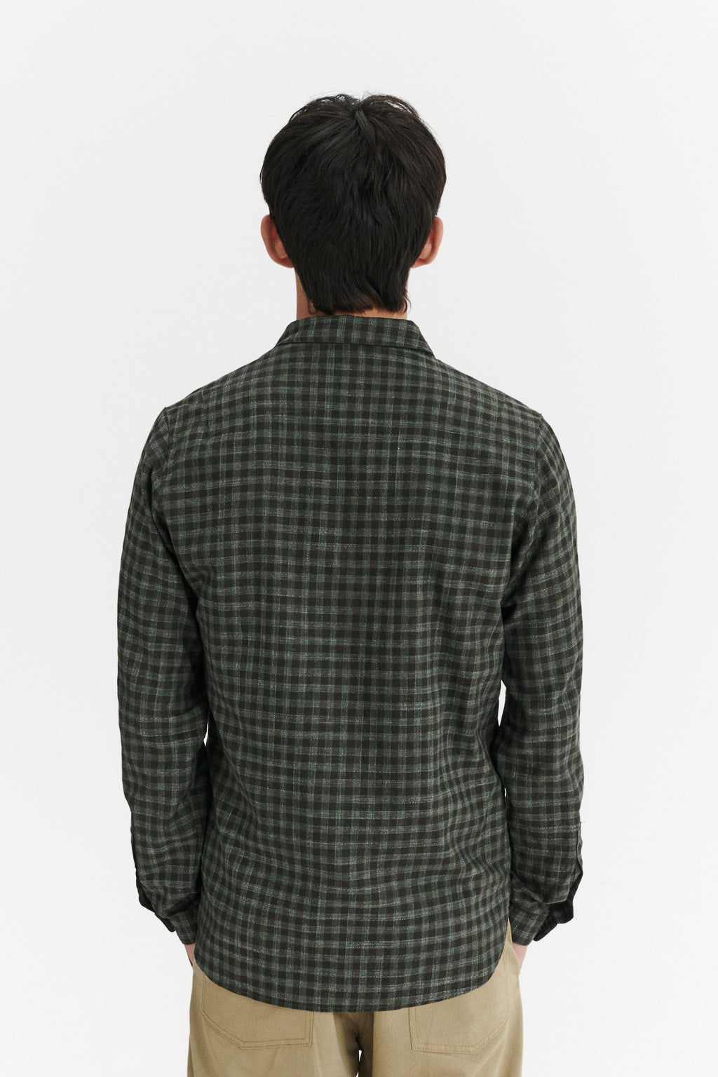 Round Collar Cute Shirt in a Subtle Green Tonal Chequered Fine Italian Cotton