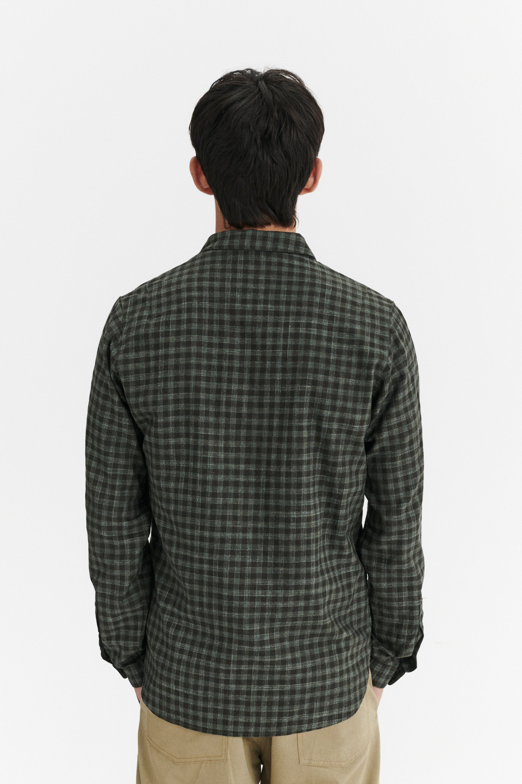 Round Collar Cute Shirt in a Subtle Green Tonal Chequered Fine Italian Cotton