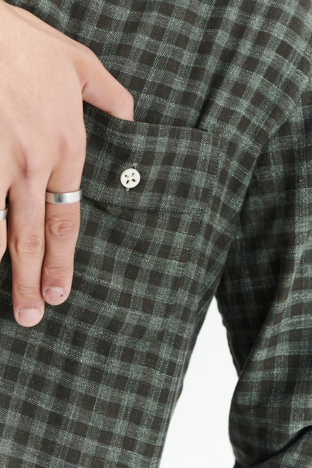 Round Collar Cute Shirt in a Subtle Green Tonal Chequered Fine Italian Cotton