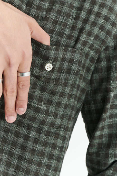 Round Collar Cute Shirt in a Subtle Green Tonal Chequered Fine Italian Cotton