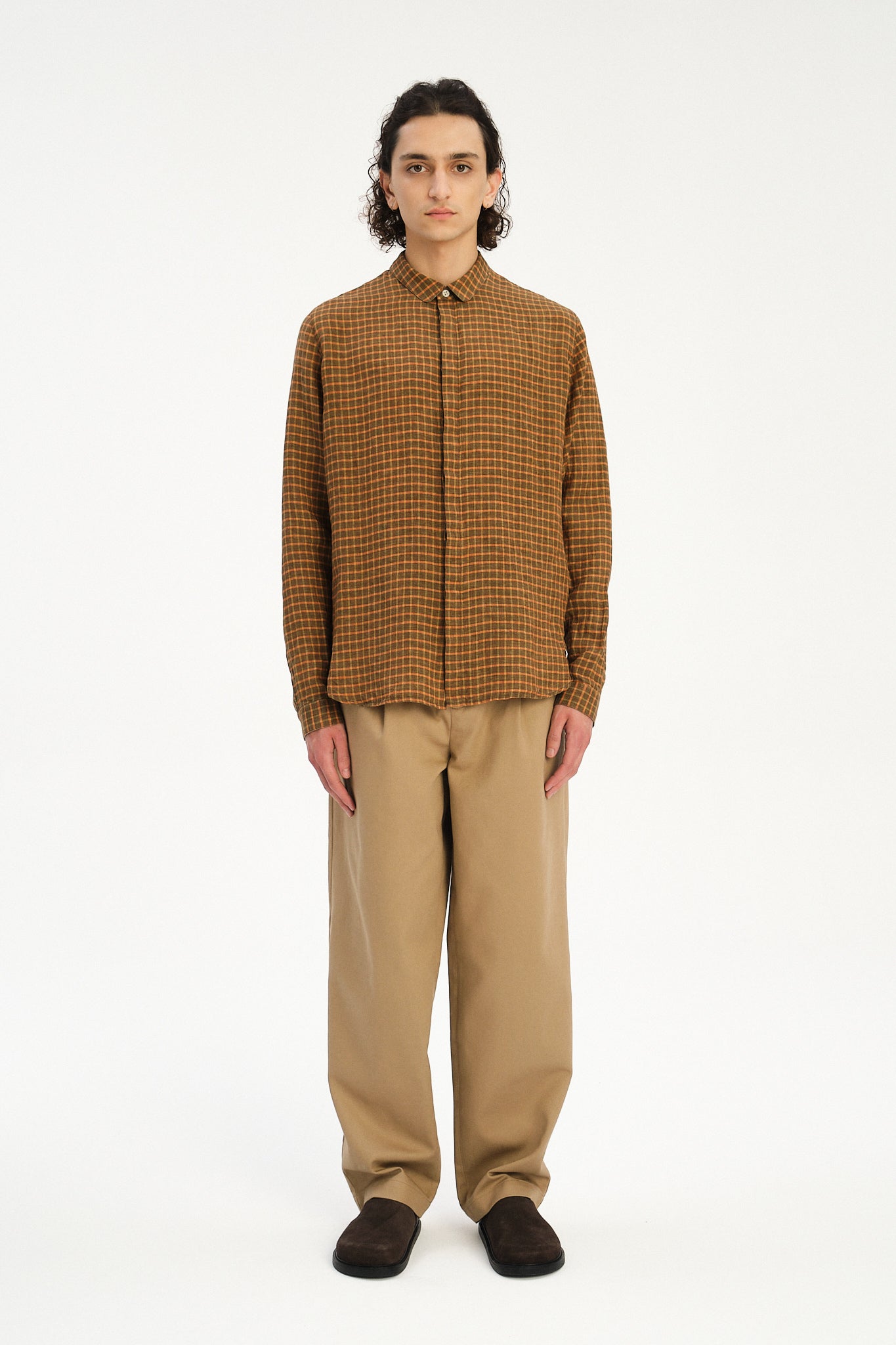 Cute Round Collar Shirt in Orange Brown Check