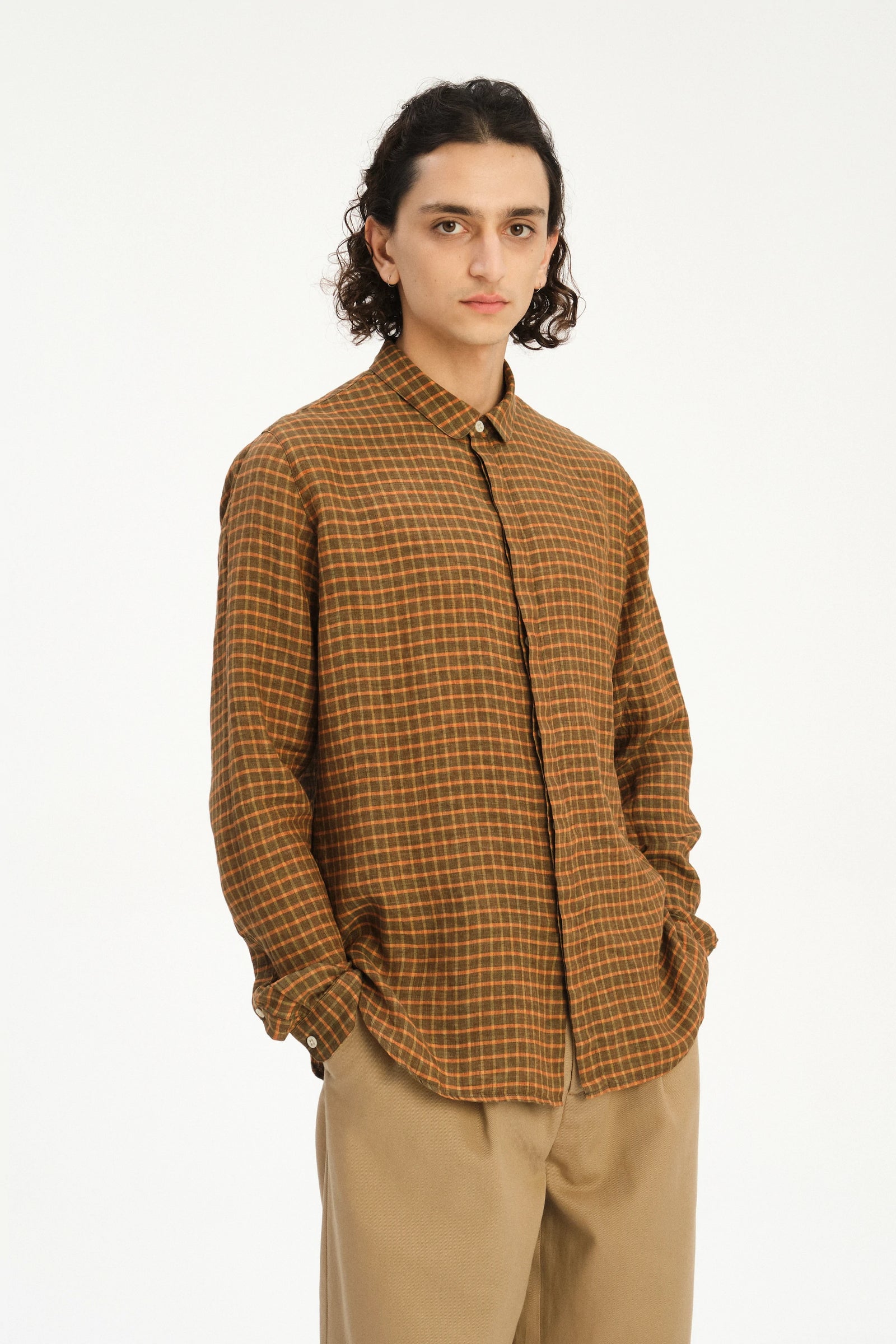 Cute Round Collar Shirt in an Orange and Brown Check Italian Linen