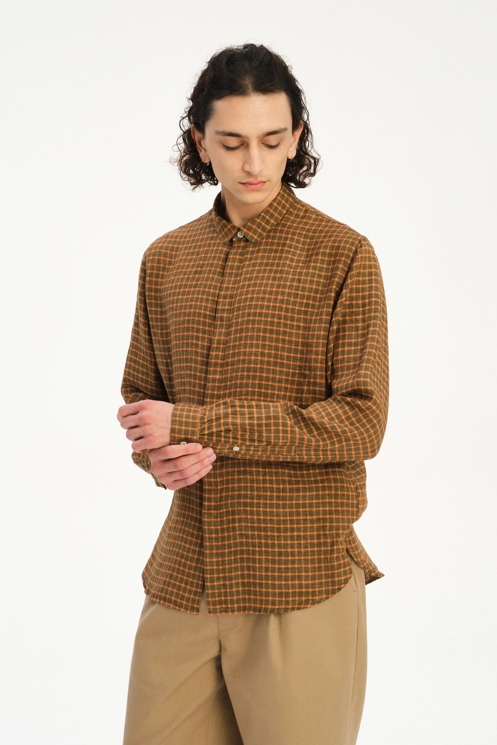 Cute Round Collar Shirt in an Orange and Brown Check Italian Linen