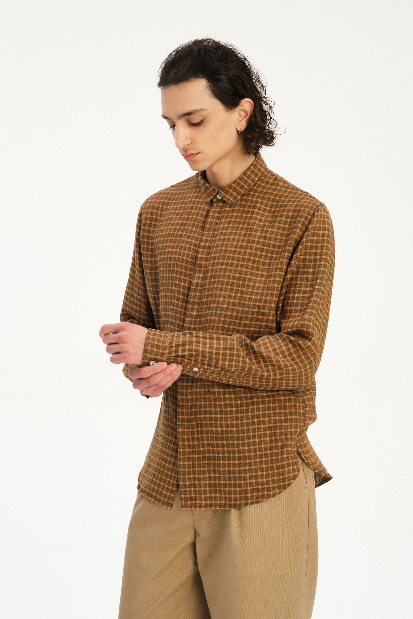 Cute Round Collar Shirt in an Orange and Brown Check Italian Linen