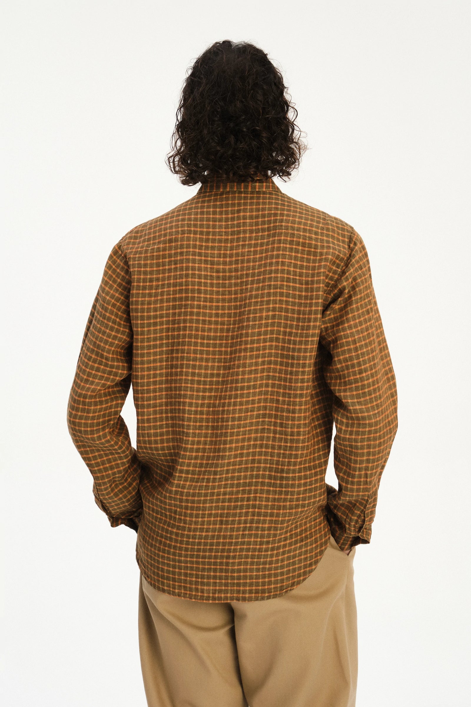 Cute Round Collar Shirt in an Orange and Brown Check Italian Linen