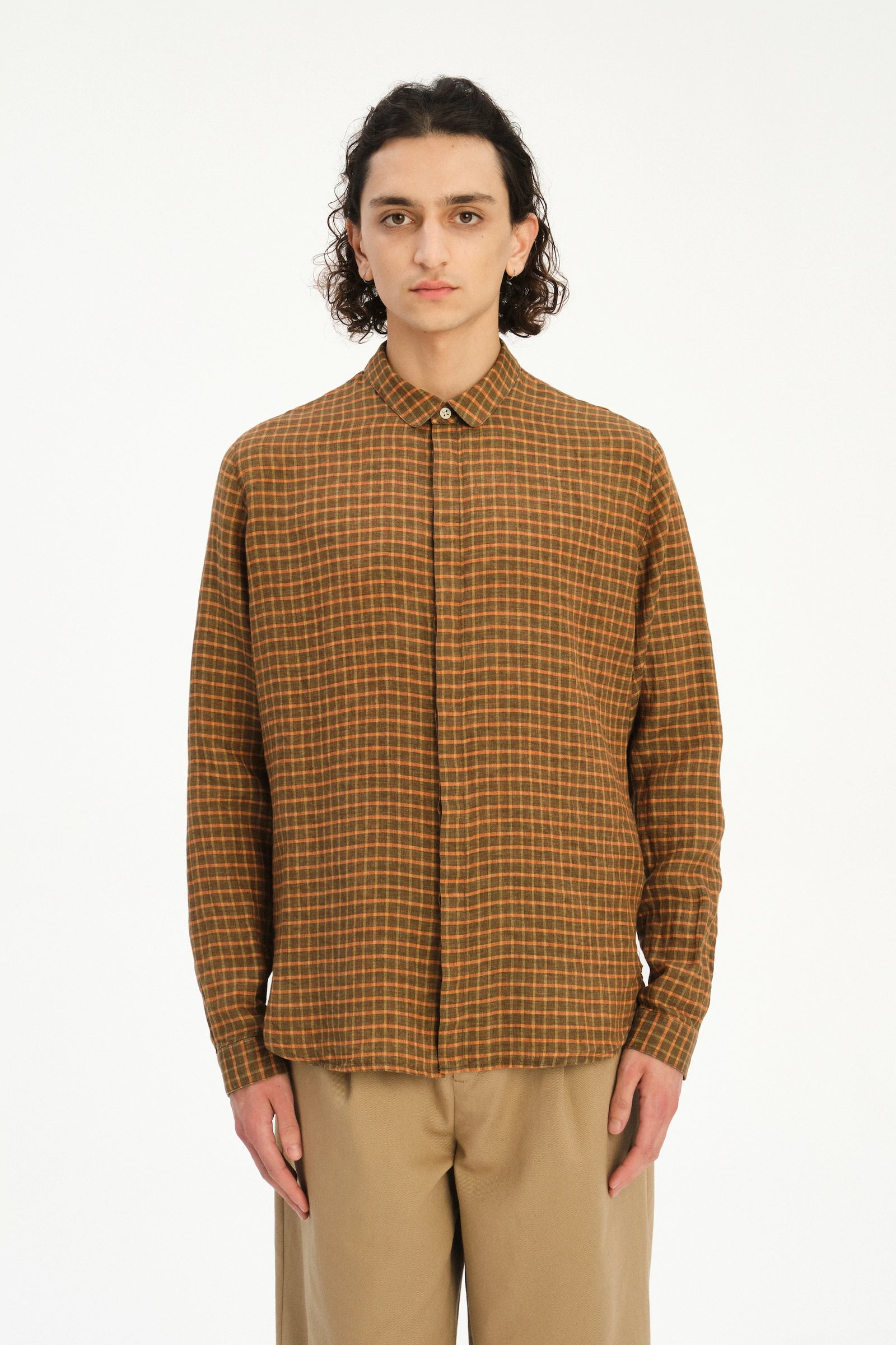 Cute Round Collar Shirt in an Orange and Brown Check Italian Linen