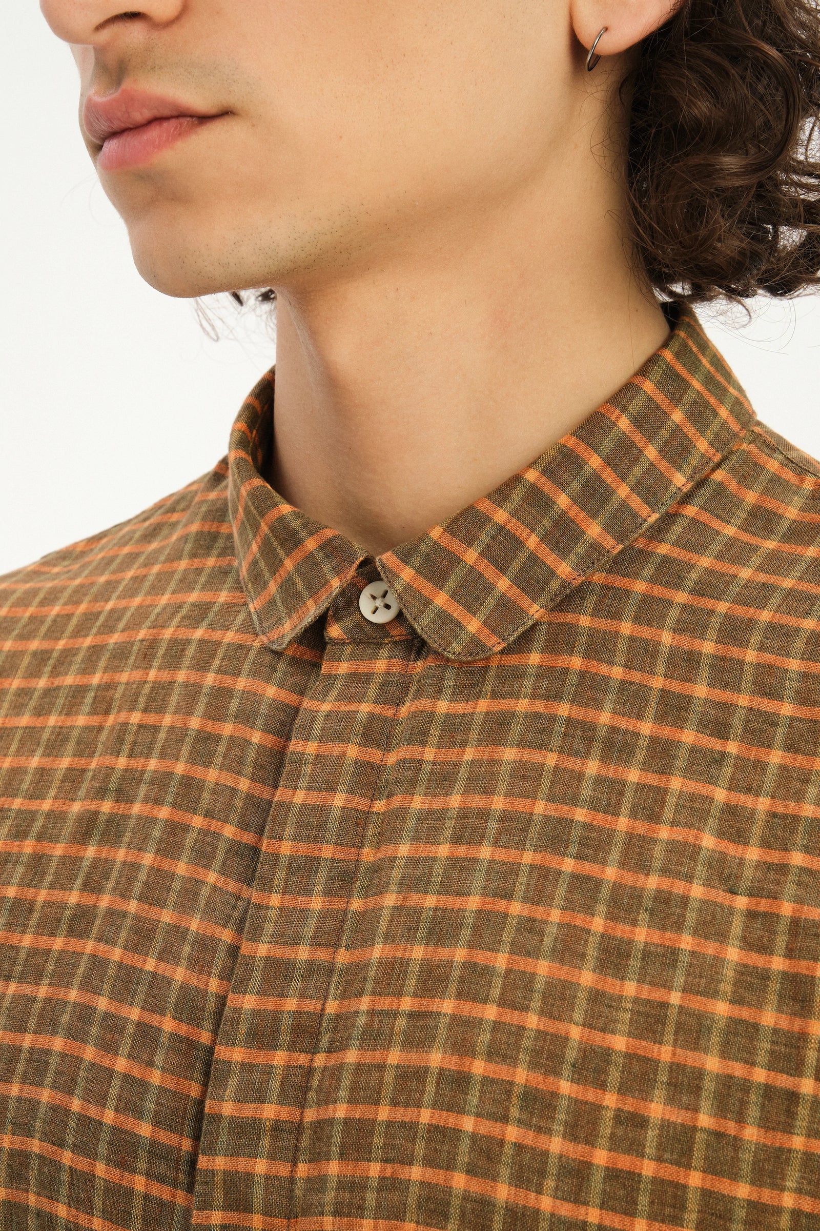 Cute Round Collar Shirt in an Orange and Brown Check Italian Linen