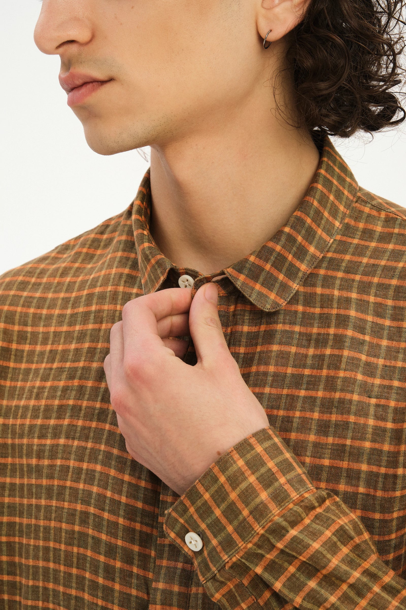 Cute Round Collar Shirt in an Orange and Brown Check Italian Linen