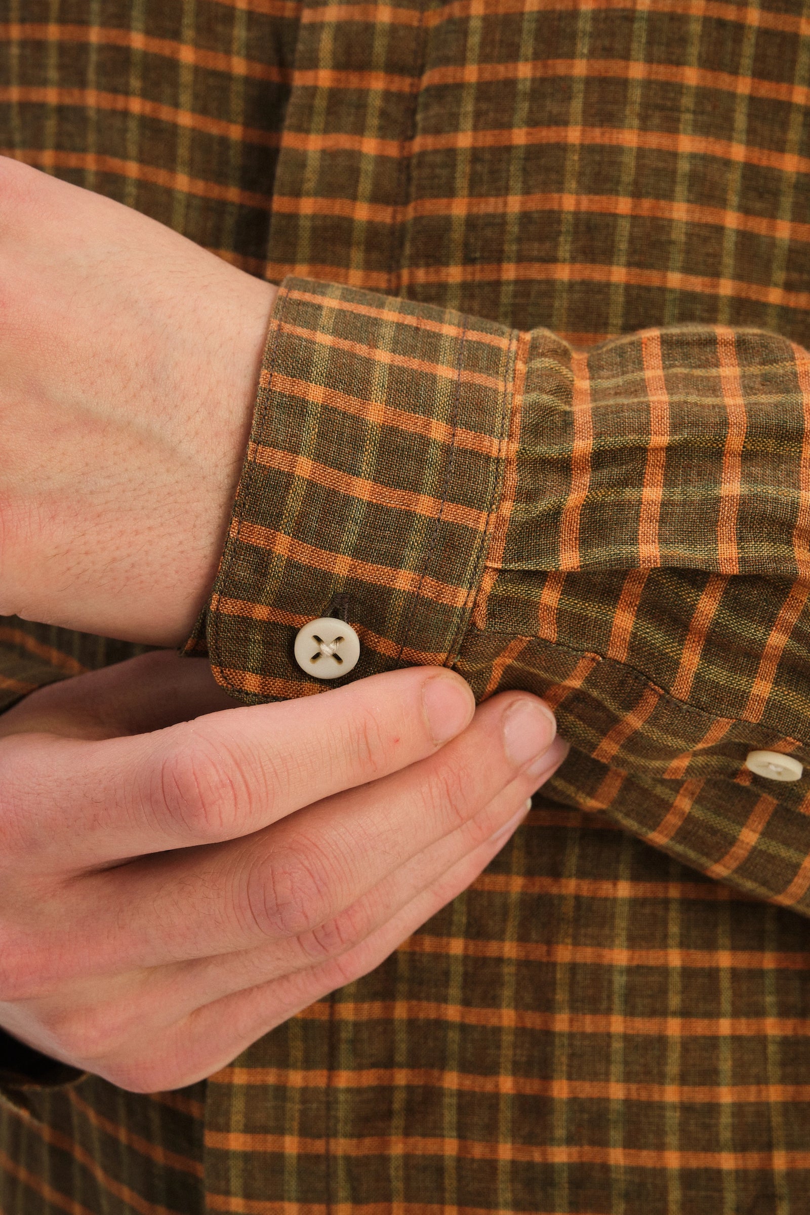 Cute Round Collar Shirt in an Orange and Brown Check Italian Linen