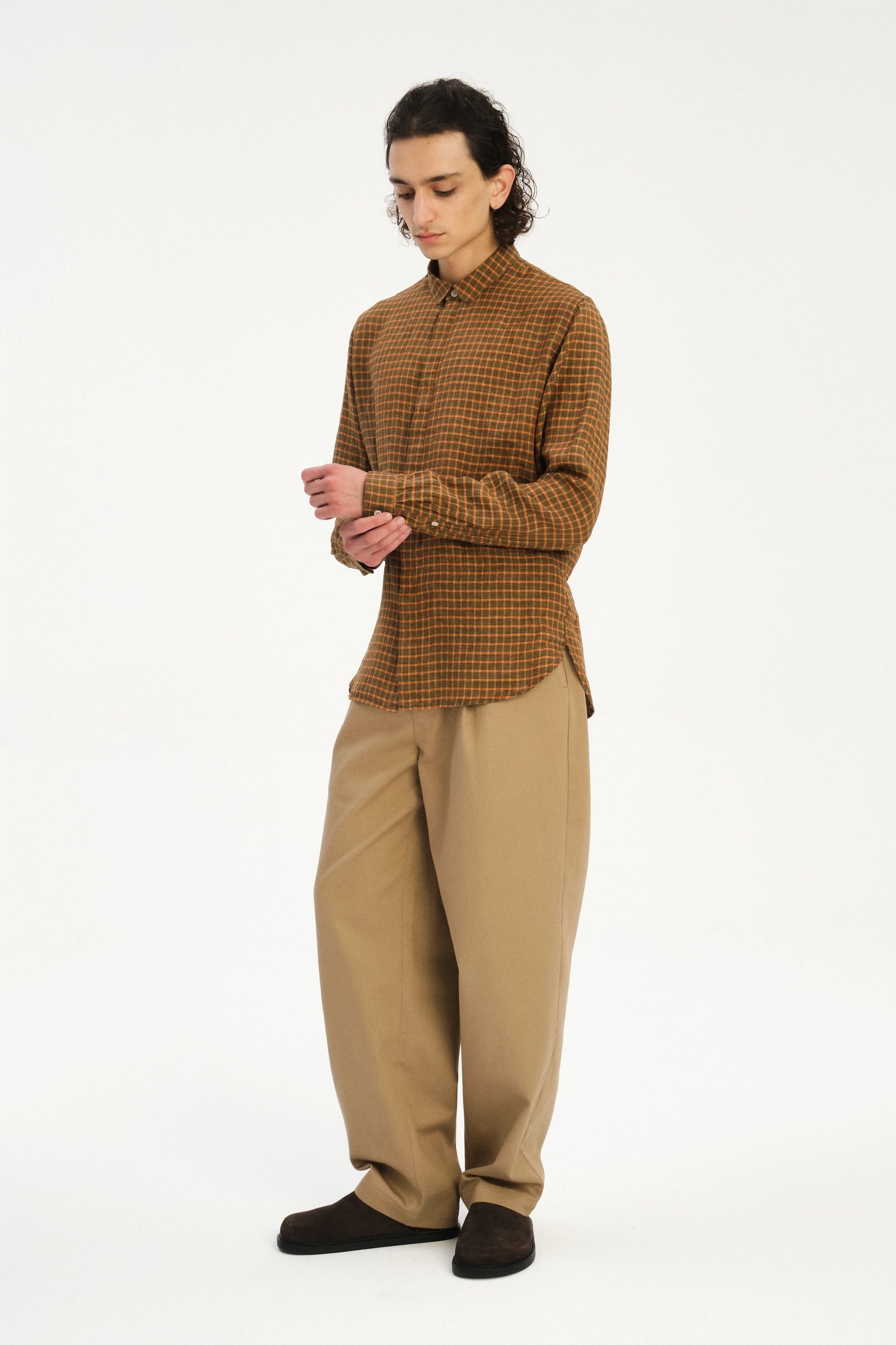 Cute Round Collar Shirt in an Orange and Brown Check Italian Linen