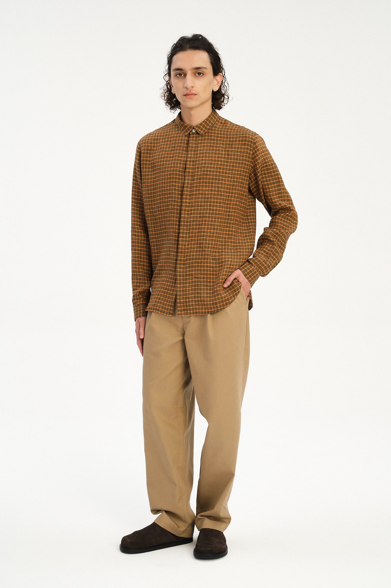 Cute Round Collar Shirt in Orange Brown Check