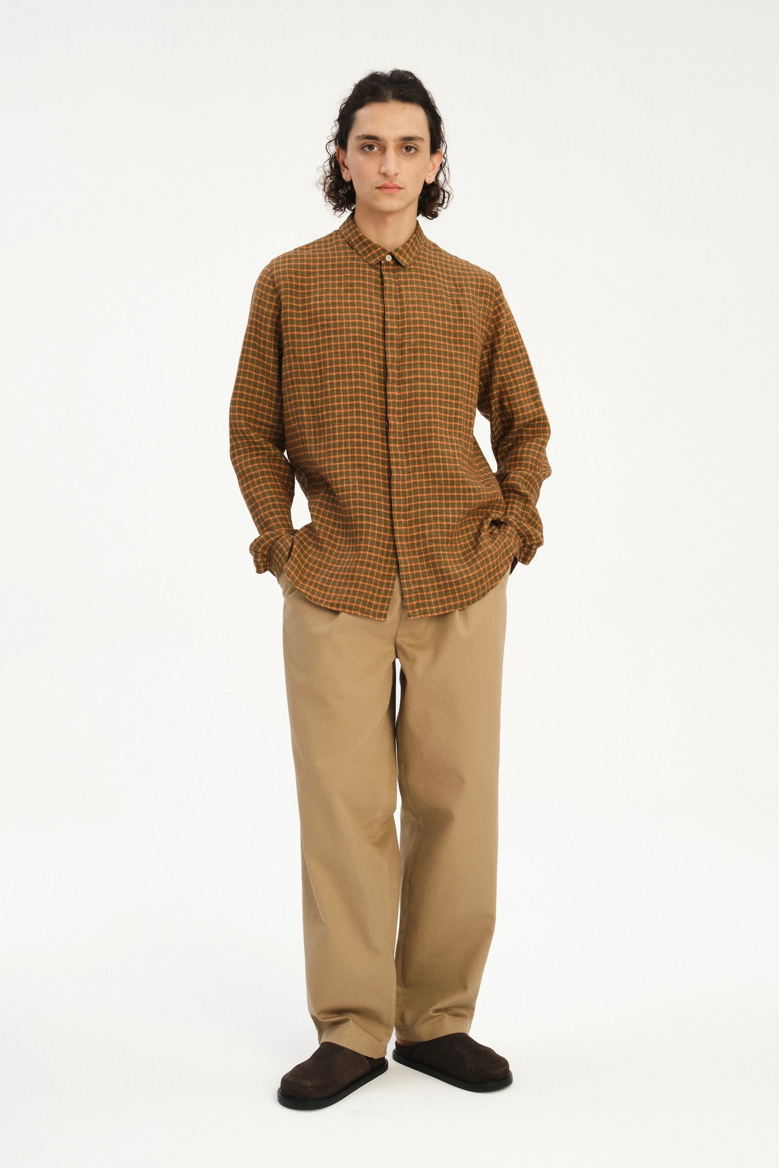 Cute Round Collar Shirt in an Orange and Brown Check Italian Linen