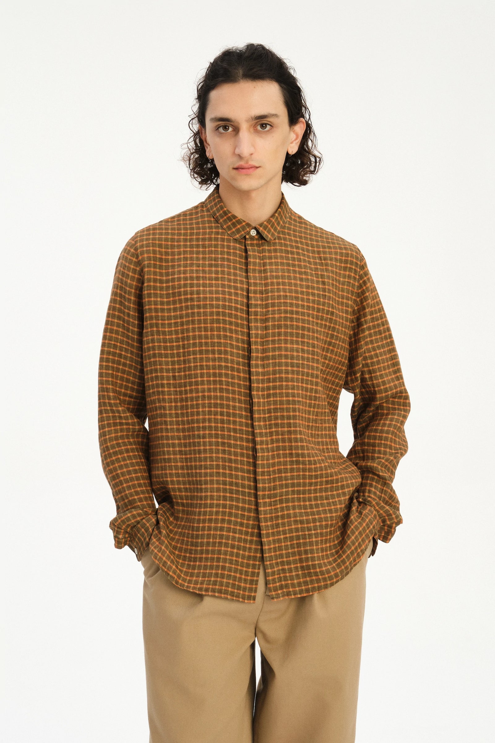 Cute Round Collar Shirt in an Orange and Brown Check Italian Linen