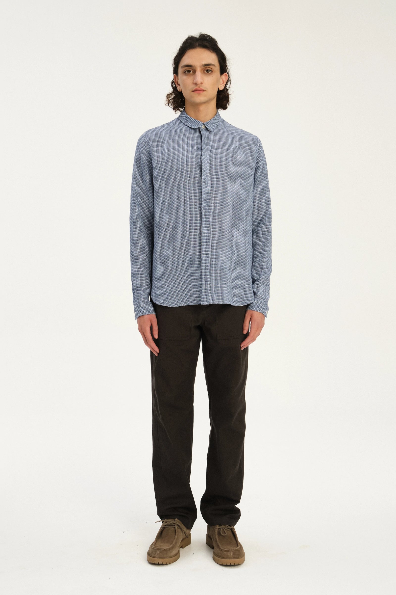 Cute Round Collar Shirt in a Blue Mini Check Italian Linen