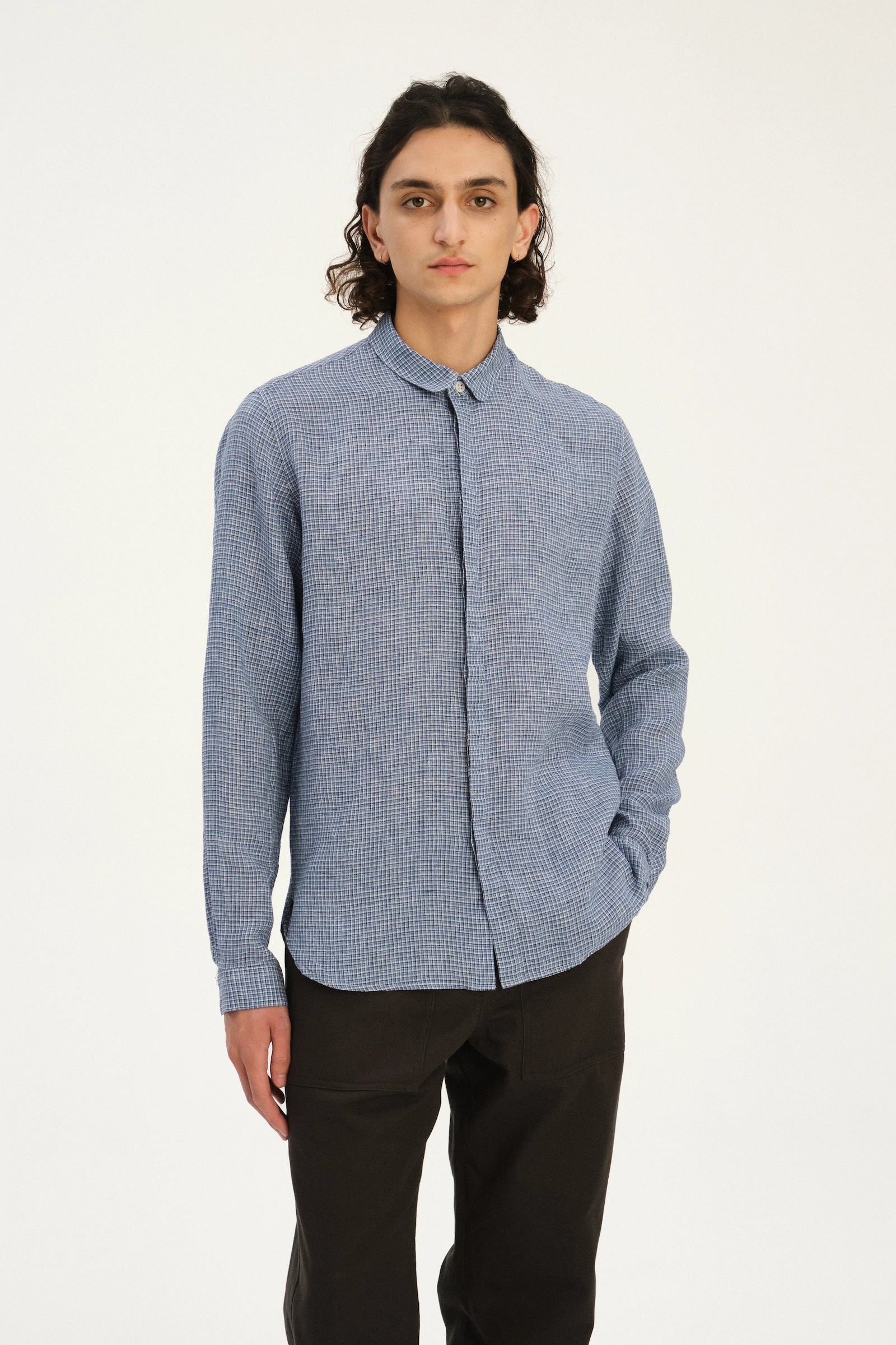 Cute Round Collar Shirt in a Blue Mini Check Italian Linen