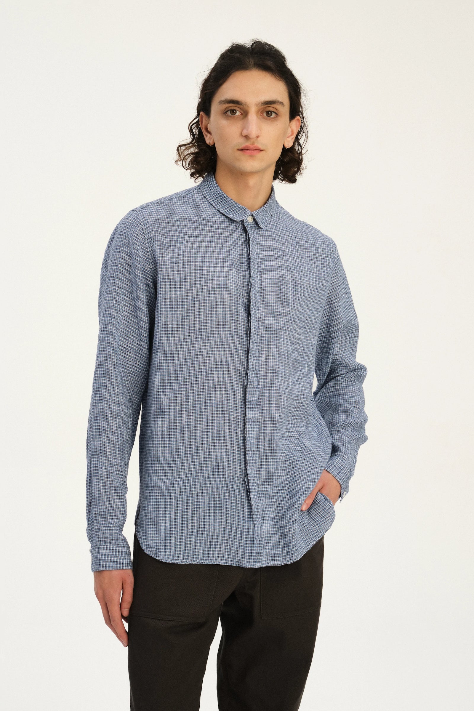 Cute Round Collar Shirt in a Blue Mini Check Italian Linen