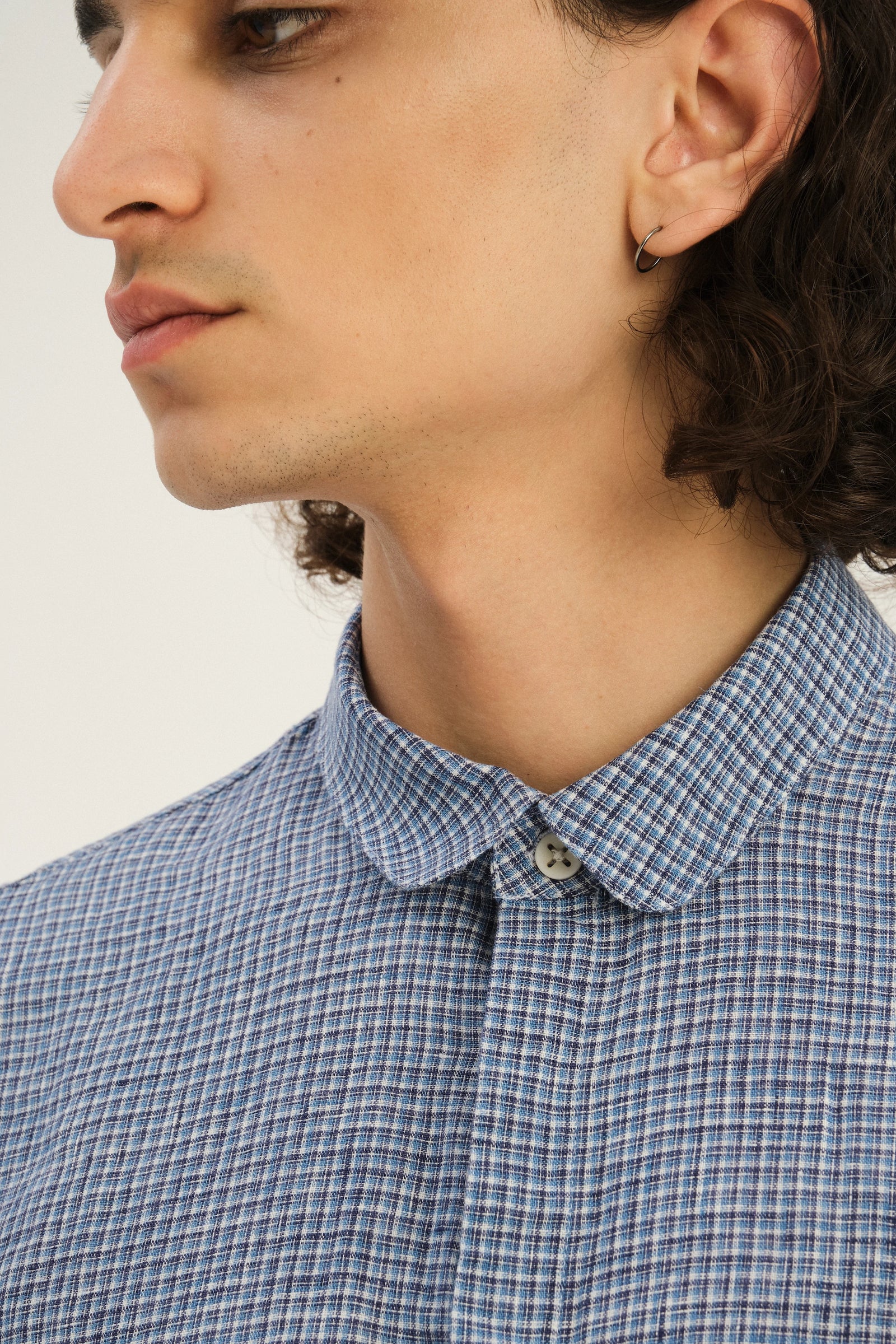 Cute Round Collar Shirt in a Blue Mini Check Italian Linen