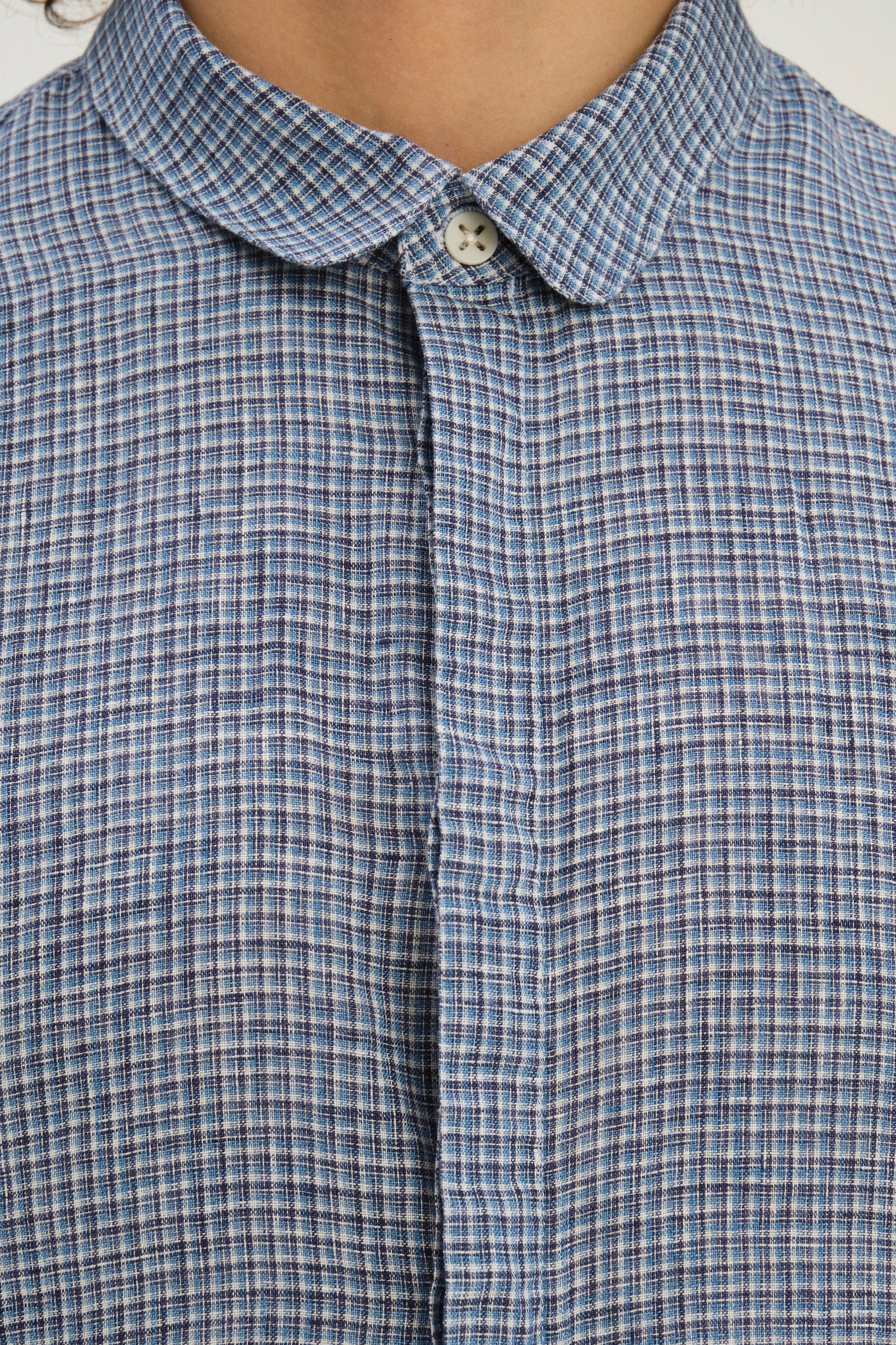 Cute Round Collar Shirt in a Blue Mini Check Italian Linen