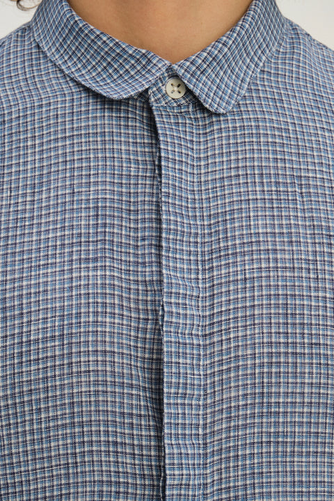 Cute Round Collar Shirt in a Blue Mini Check Italian Linen