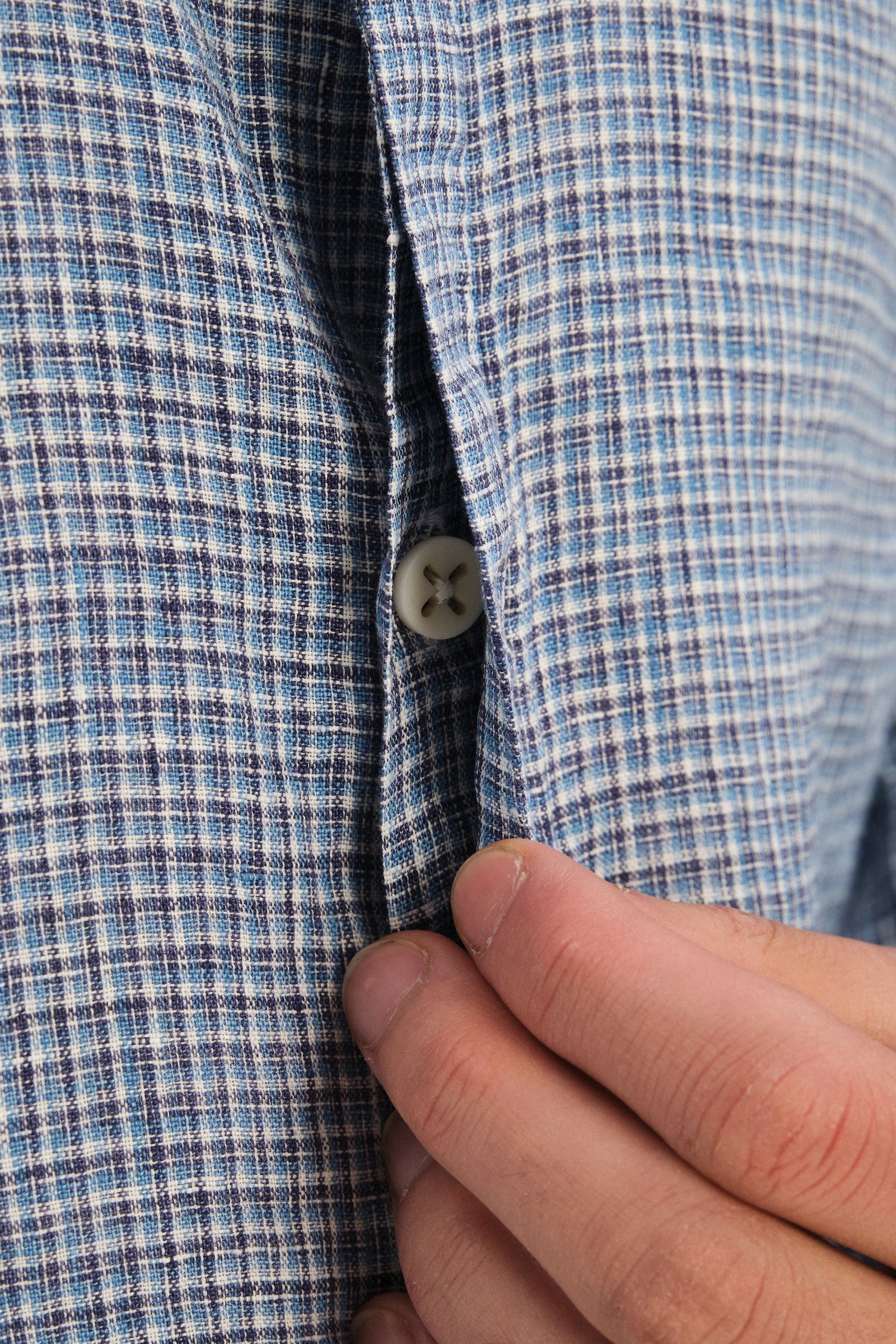 Cute Round Collar Shirt in a Blue Mini Check Italian Linen