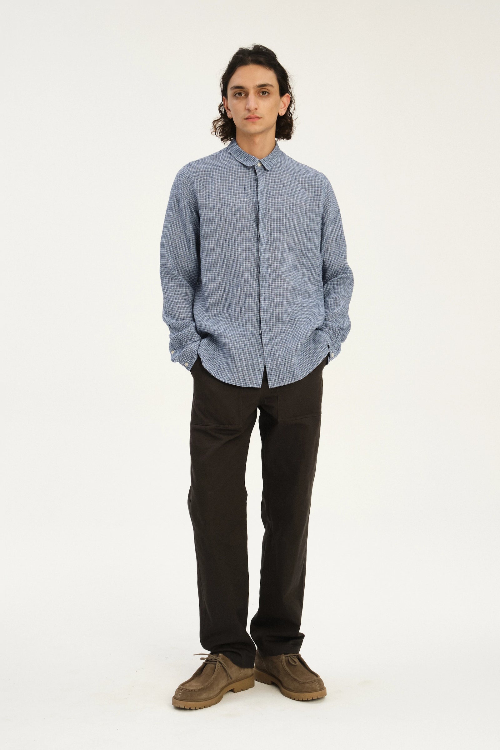 Cute Round Collar Shirt in a Blue Mini Check Italian Linen
