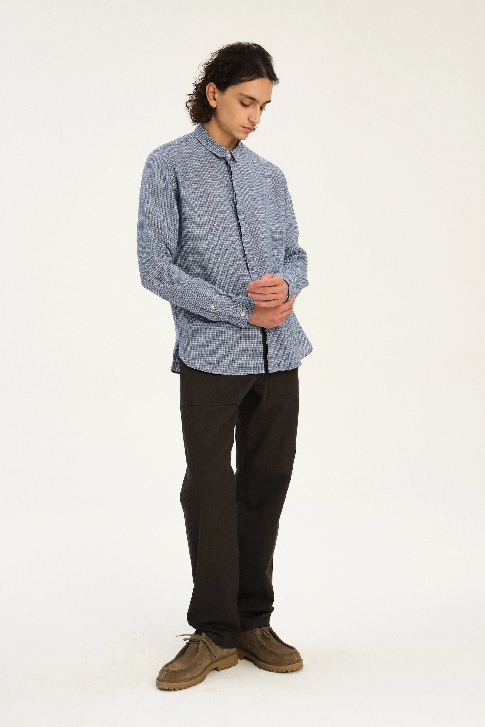 Cute Round Collar Shirt in a Blue Mini Check Italian Linen